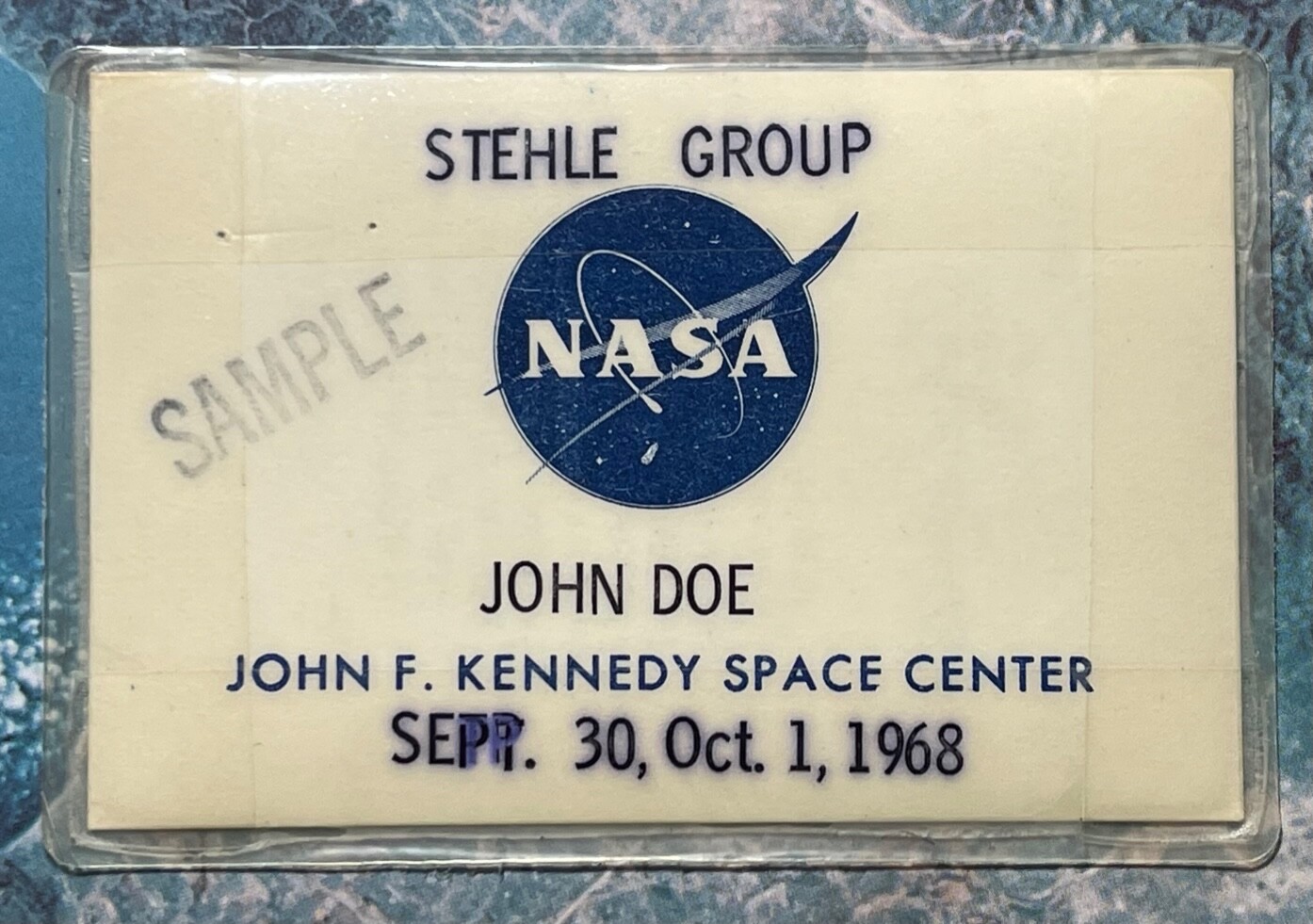APOLLO ERA 1968 RARE SAMPLE AUTHORIZATION JOHN DOE STEHLE GROUP LAMINATED  BADGE