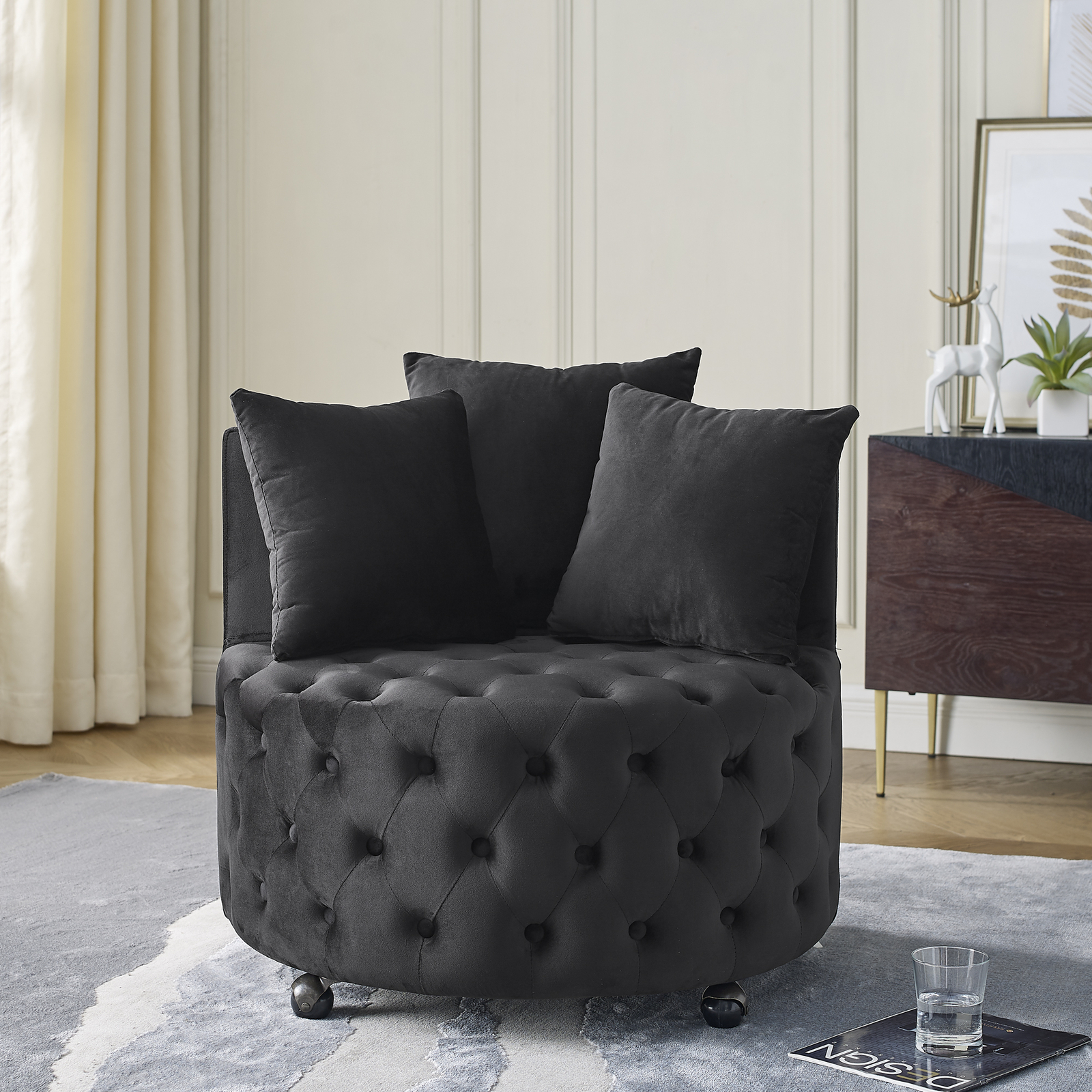 Velvet Upholstered Accent Chair Sofa Lounge Club Round Chair Living Room Black