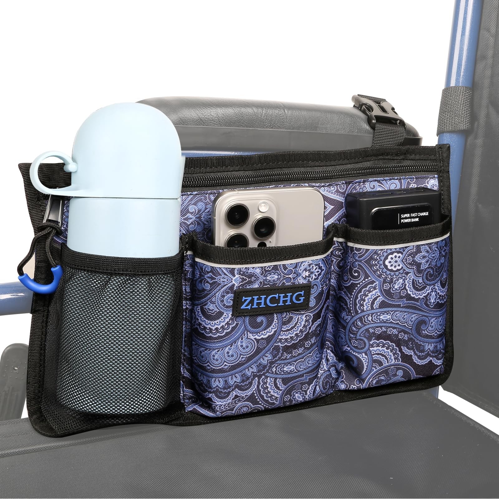 Wheelchair Side Bag, Wheelchair Armrest Pouch with Cup Holder