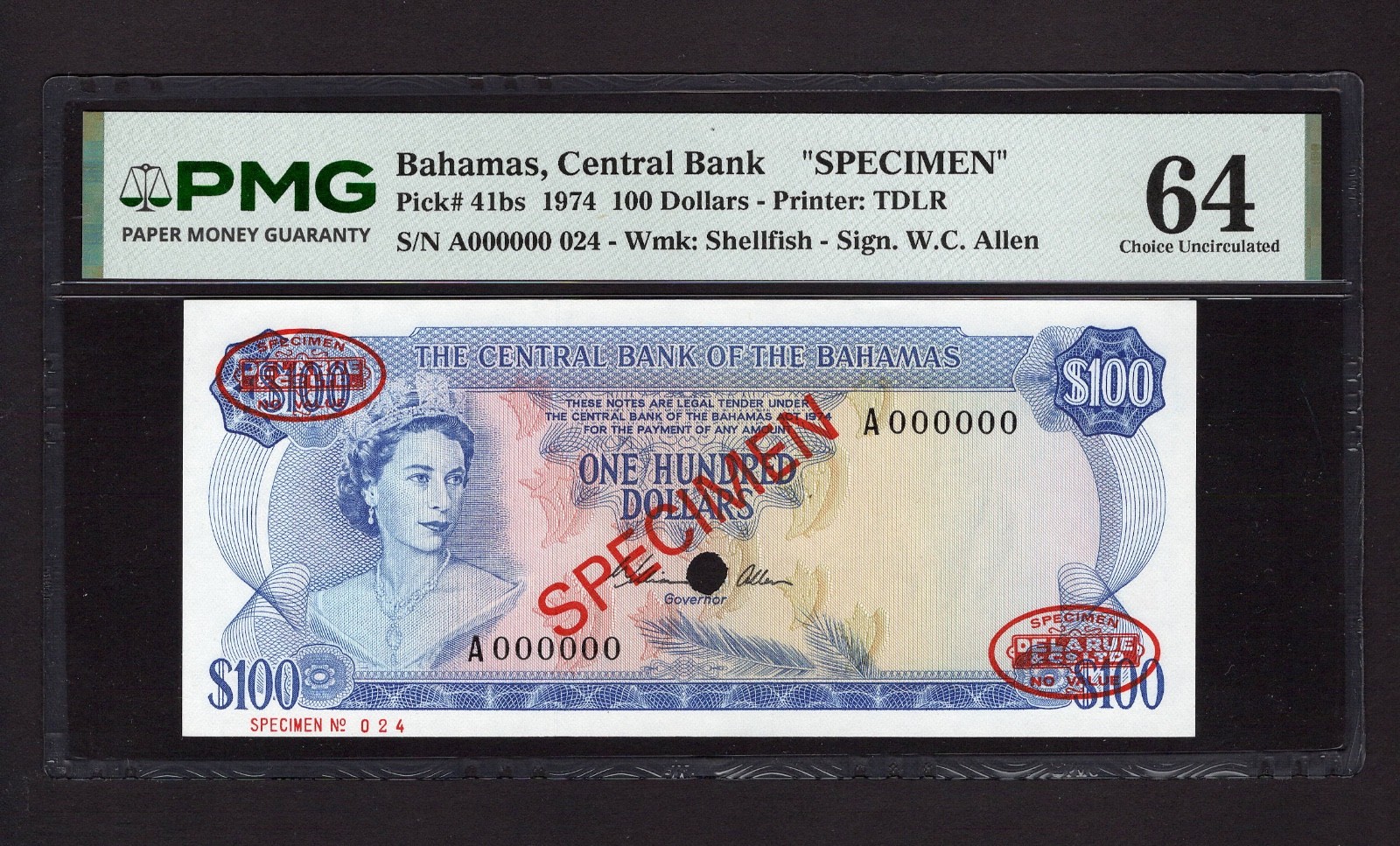Bahamas 100 Dollars 1974 P41bs "Specimen" Uncirculated Grade 64