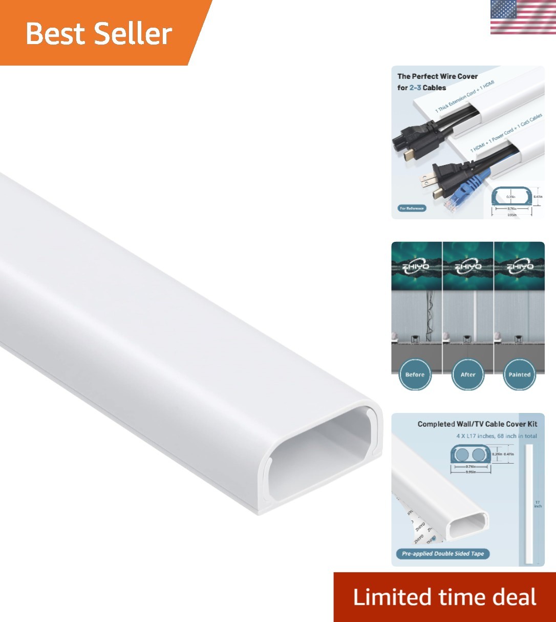 Self-Adhesive Cable Concealer for Walls -  68” Wire Cover Kit