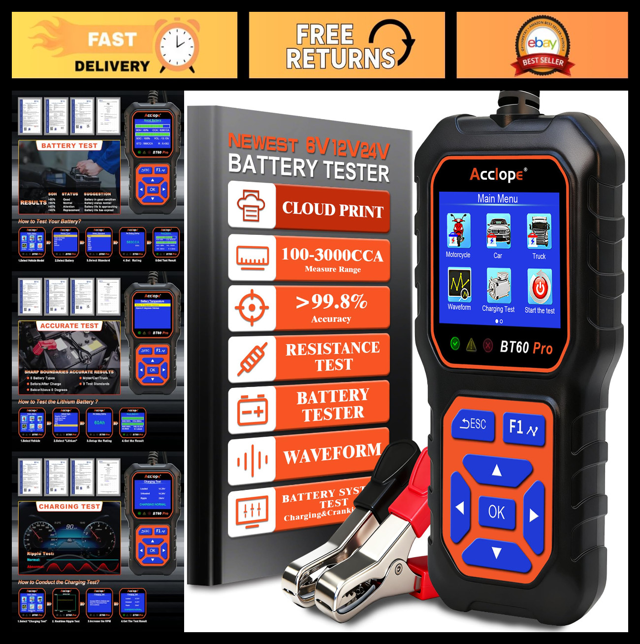 Car Battery Tester 6V/12V/24V, 100-3000 CCA, Alternator & Starter Analyzer, Load