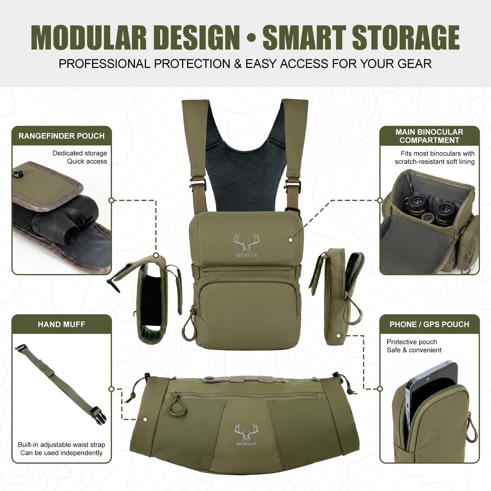 MOXULE Binocular Harness Chest Pack: Bino Case with One Size Fits Most, Green