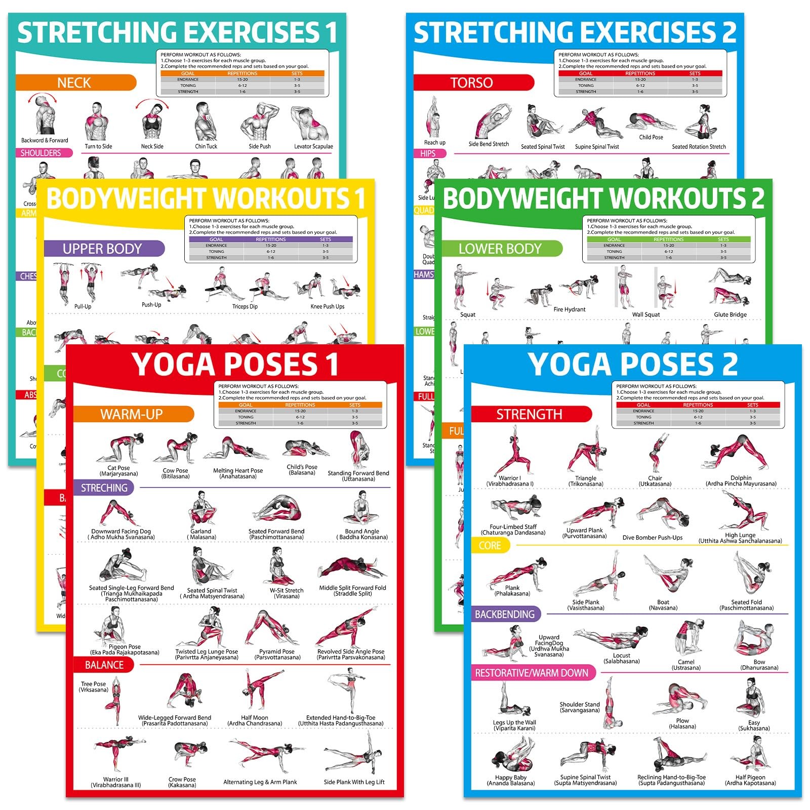 gisgfim 6PCS Yoga Poses, Stretching and Bodyweight 17 x 12.6 inches, Colorful