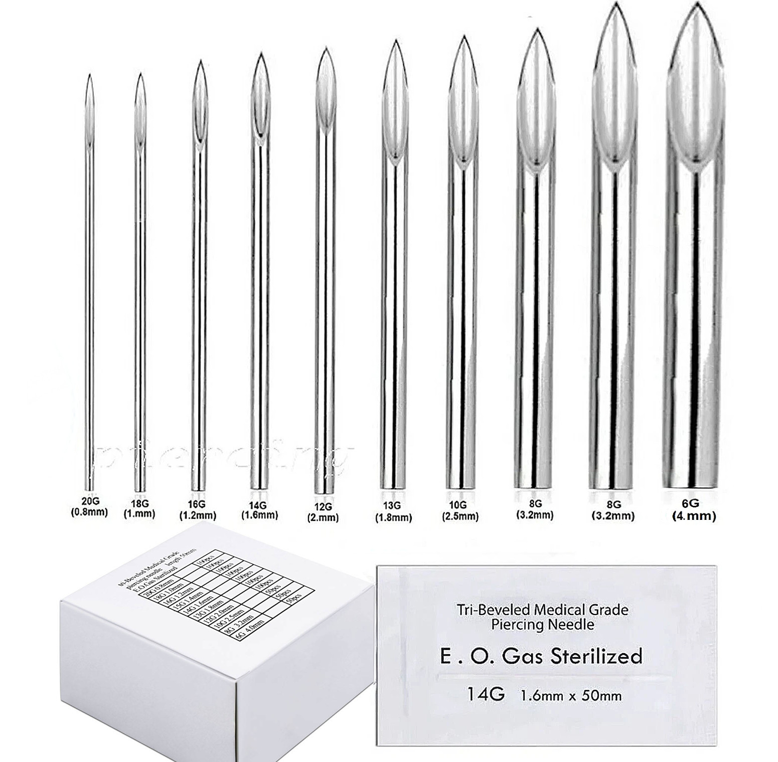 Tri-Beveled Medical Grade Sterilized Body Piercing Needle 20G-6G