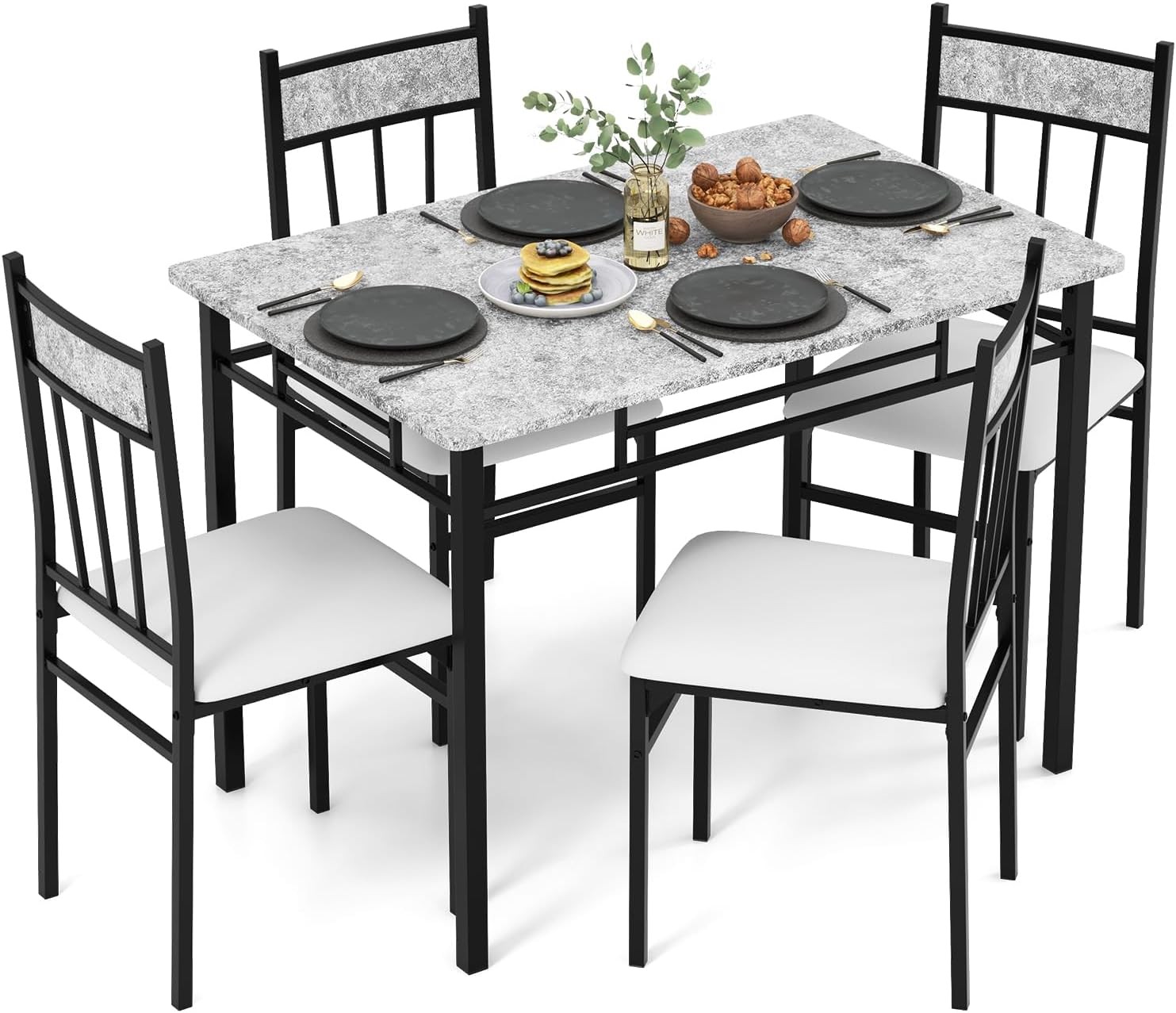 Dining Table Set 4 Kitchen Table & Chairs Set W/ Metal Frame & Padded Seat