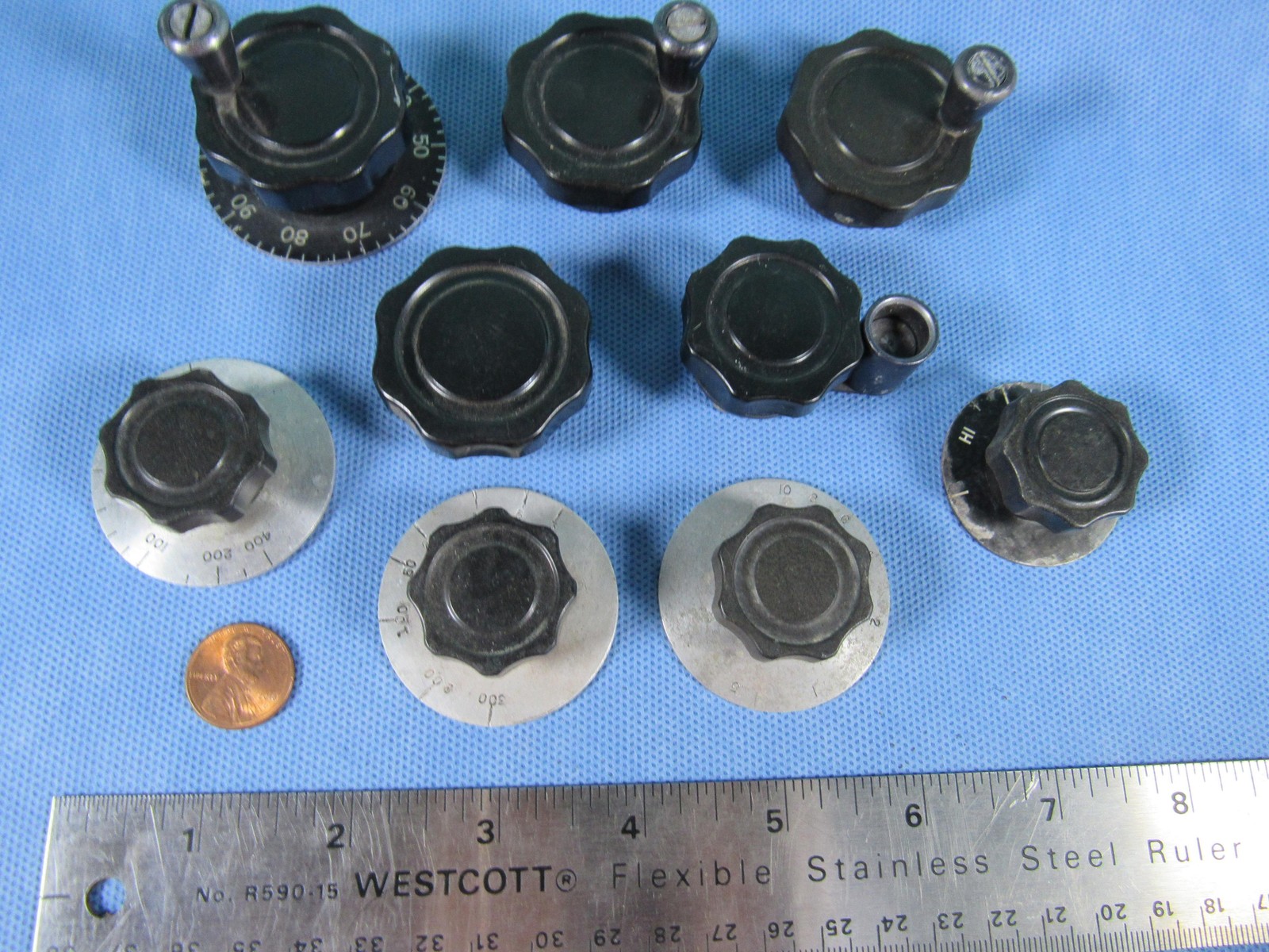 Lot 9 Rotary Control Potentiometer Knobs W/ Aluminum Dial Scales Brass Insert