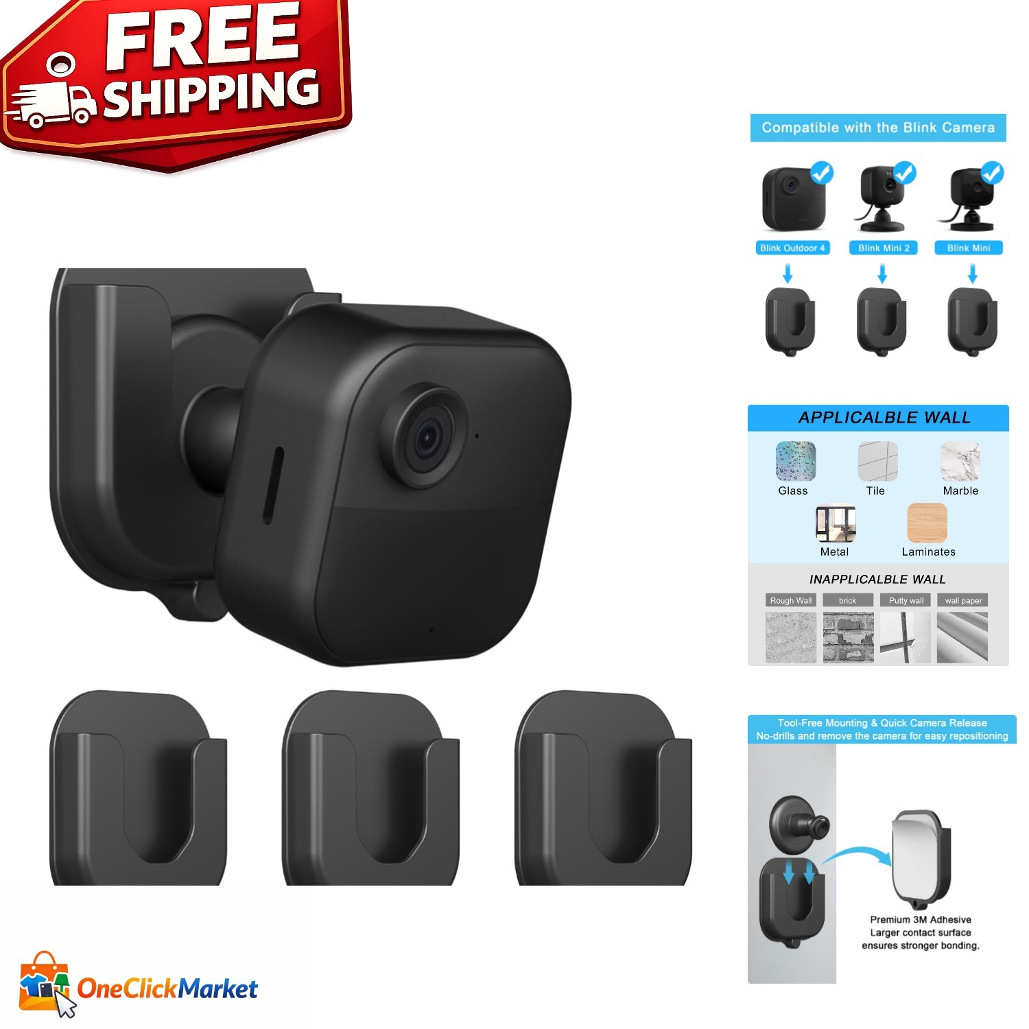 3-Pack Adhesive Brackets for Blink Mini & 4th Gen, 360° Adjustability