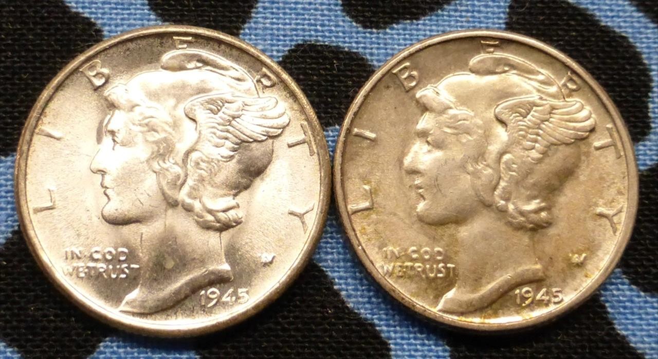 1945 & 1945 S Mercury Silver Dime, 2 United States of America 10C Coins, P&S