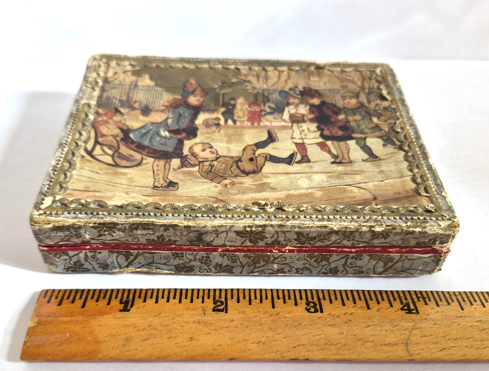 Vintage Victorian Rectangular Trinket Box w/ Lid - Printed 1890's