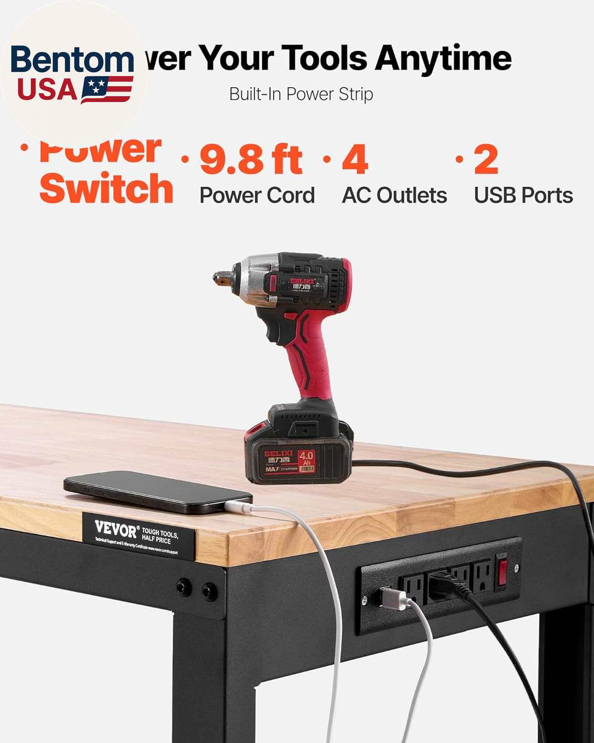 Adjustable Workbench, 2000 Lbs Capacity, 61 X 20-Inch Heavy Duty Work Bench with