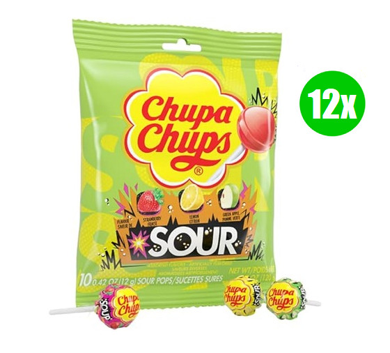 Chupa Chups Sour Fruit Lollipop Assortment- 4.2oz, (Pack of 12)