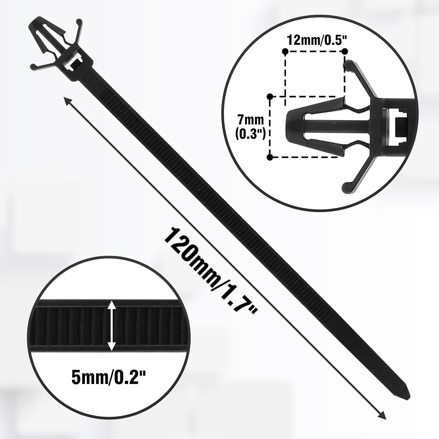 Piutouyar 50 Pcs Black Nylon Push Mount Cable Zip 120mm/4.7",