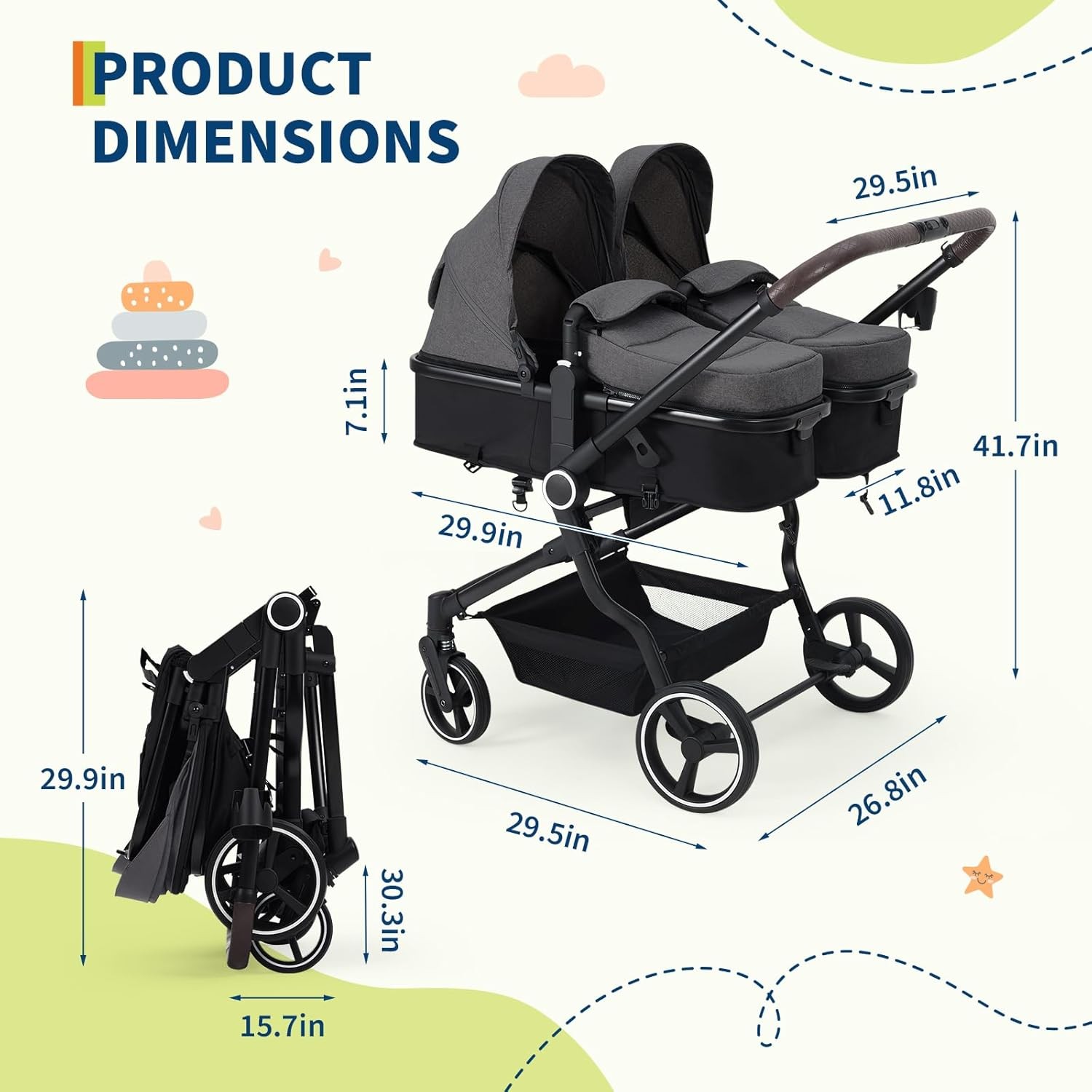 Aluminum Frame Twin Stroller, 5-Point Harness, Adjustable Backrest & All-Weather