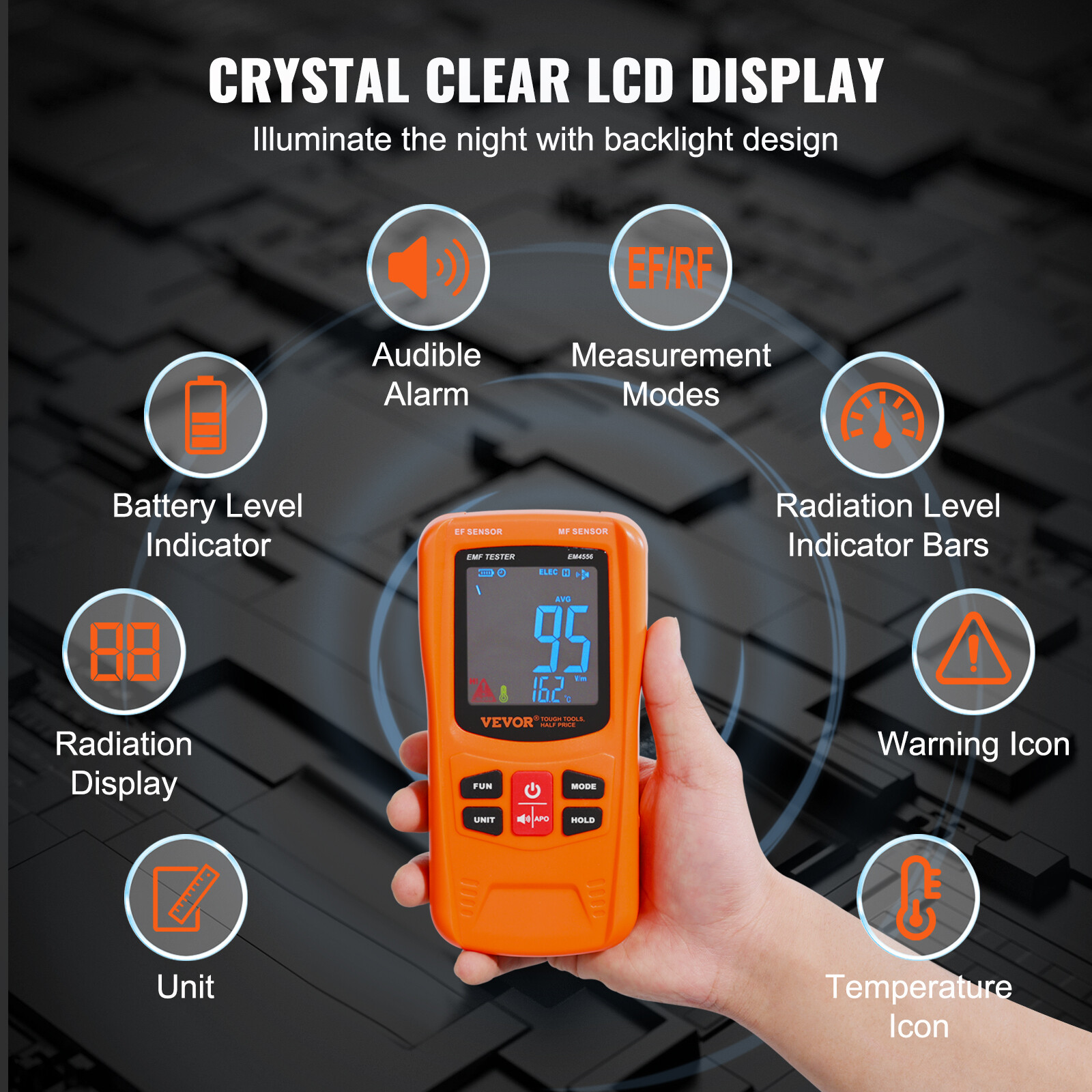 VEVOR Digital LCD 3-in-1 EMF Meter Electromagnetic Radiation Detector RF 5G