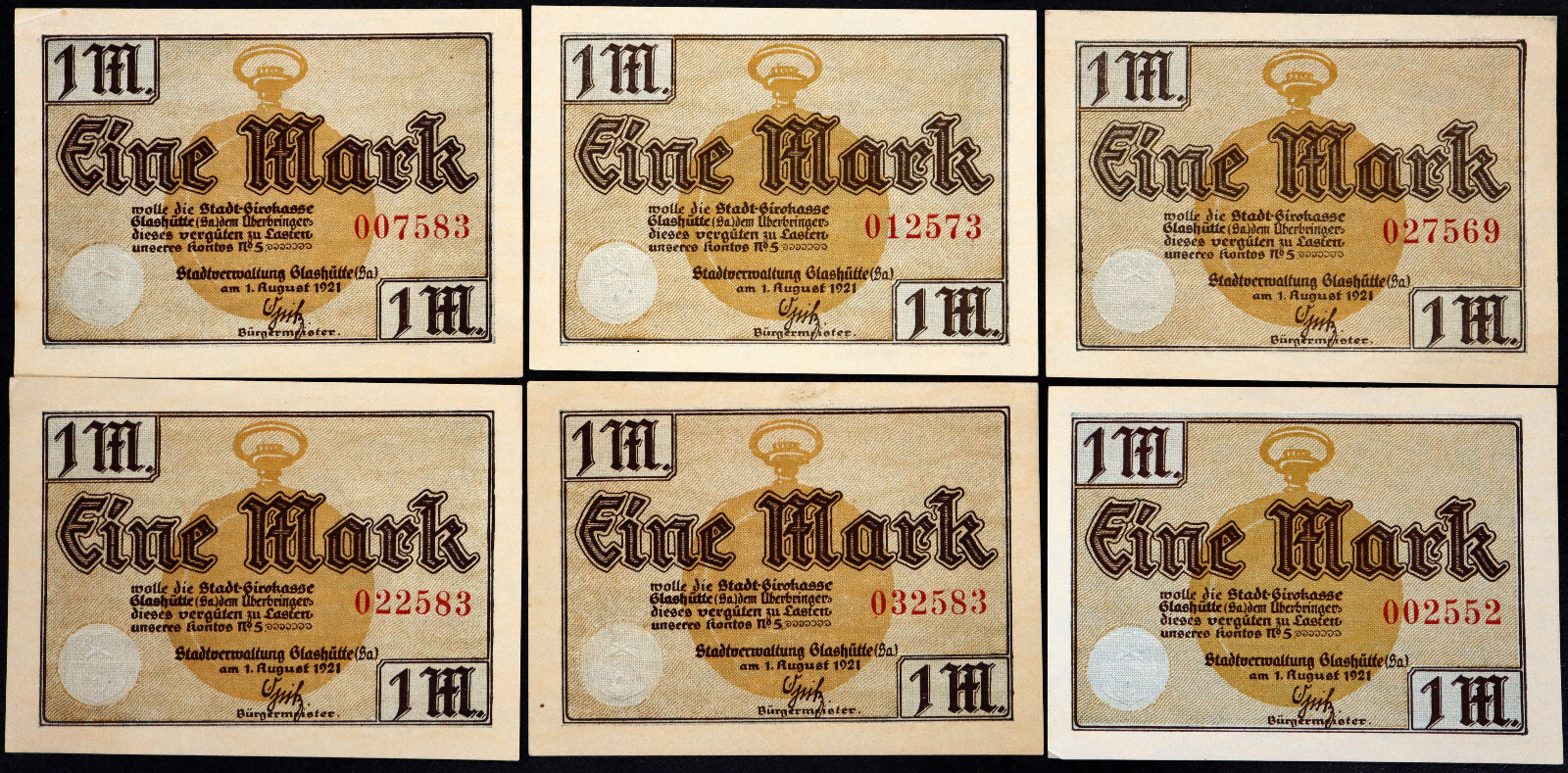 GLASHÜTTE 1921 "Clocks/Precision Industries" RARE Complete 18-note Set Notgeld