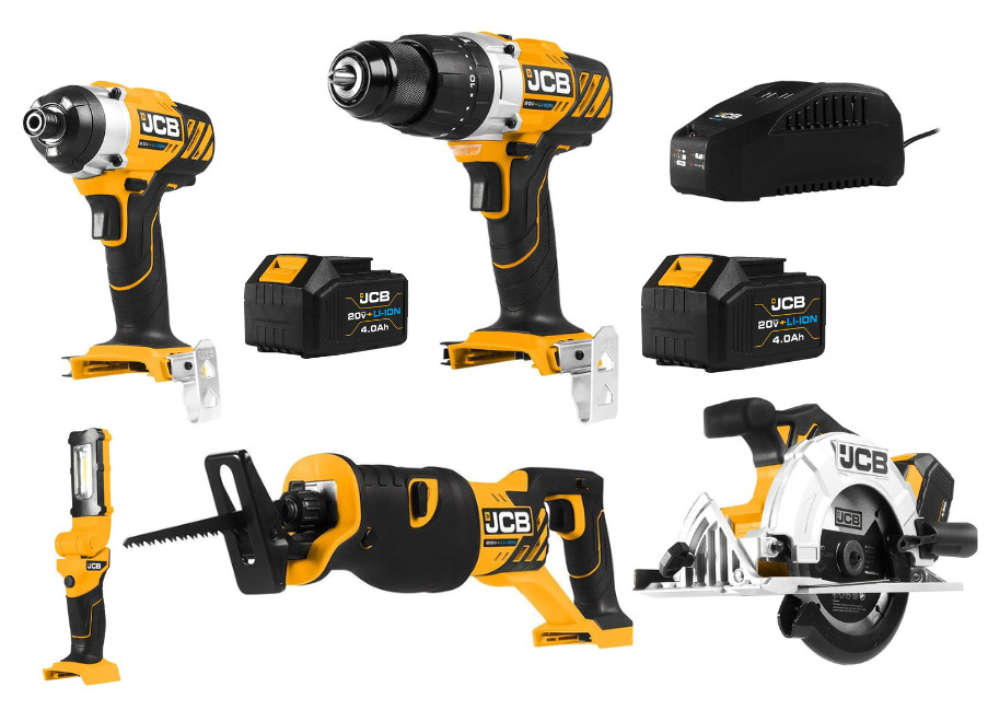 JCB 20V Cordless 5 piece Tool kit - Hammer Drill Driver, Impact Driver, Reciproc