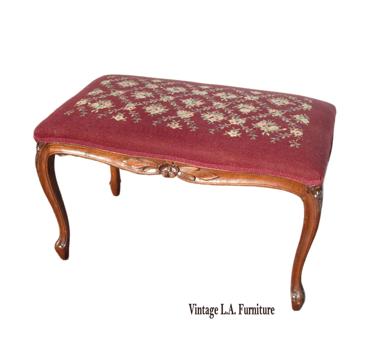 Vintage French Provincial Burgundy Needlepoint Tapestry Bench w Floral Design