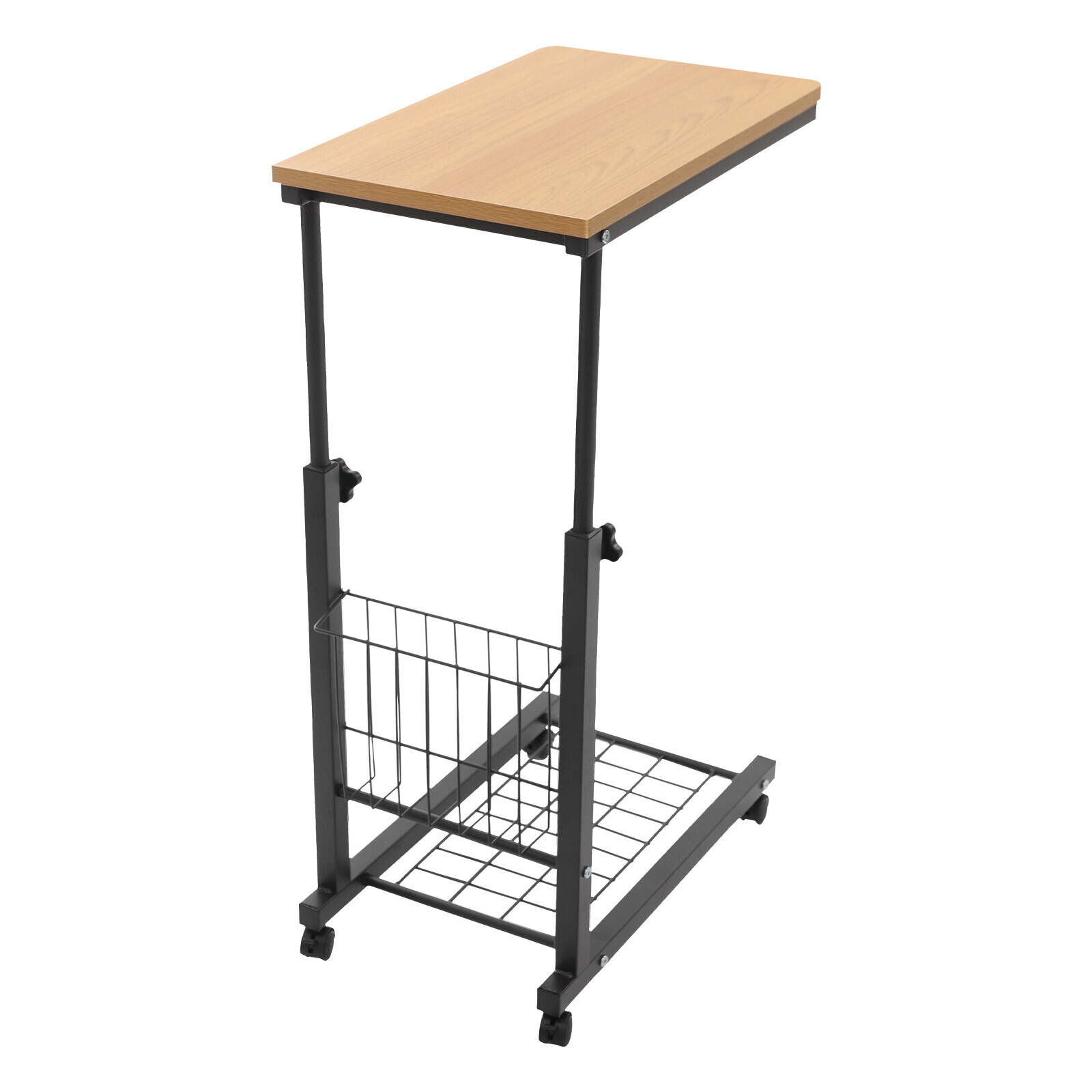 Height Adjustable C-Shaped Teak 2-Tier Bedside Table with Wheels & Brakes
