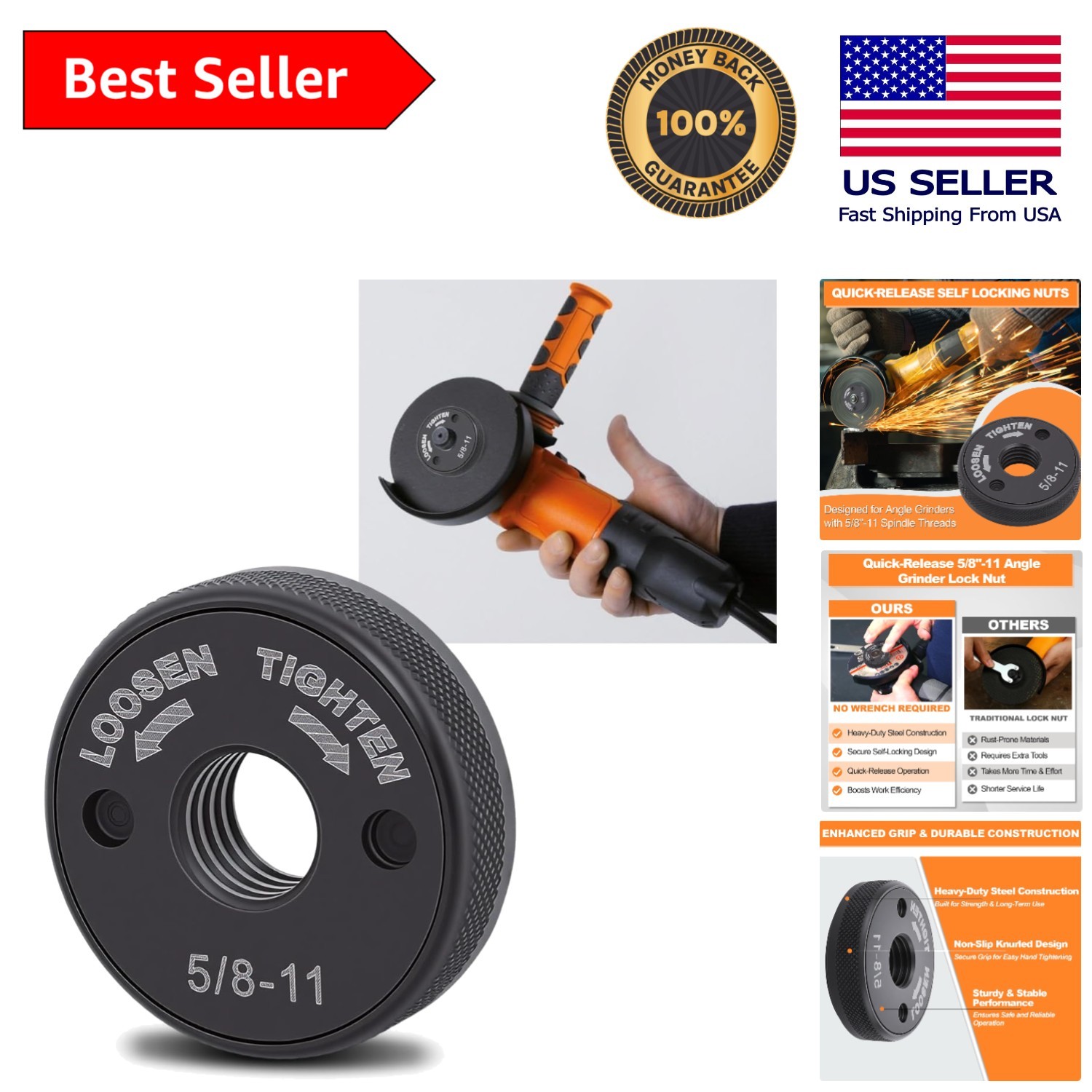 Heavy-Duty Self-Locking Grinder Nut Set for 5/8"-11 Arbor - No Tools Required
