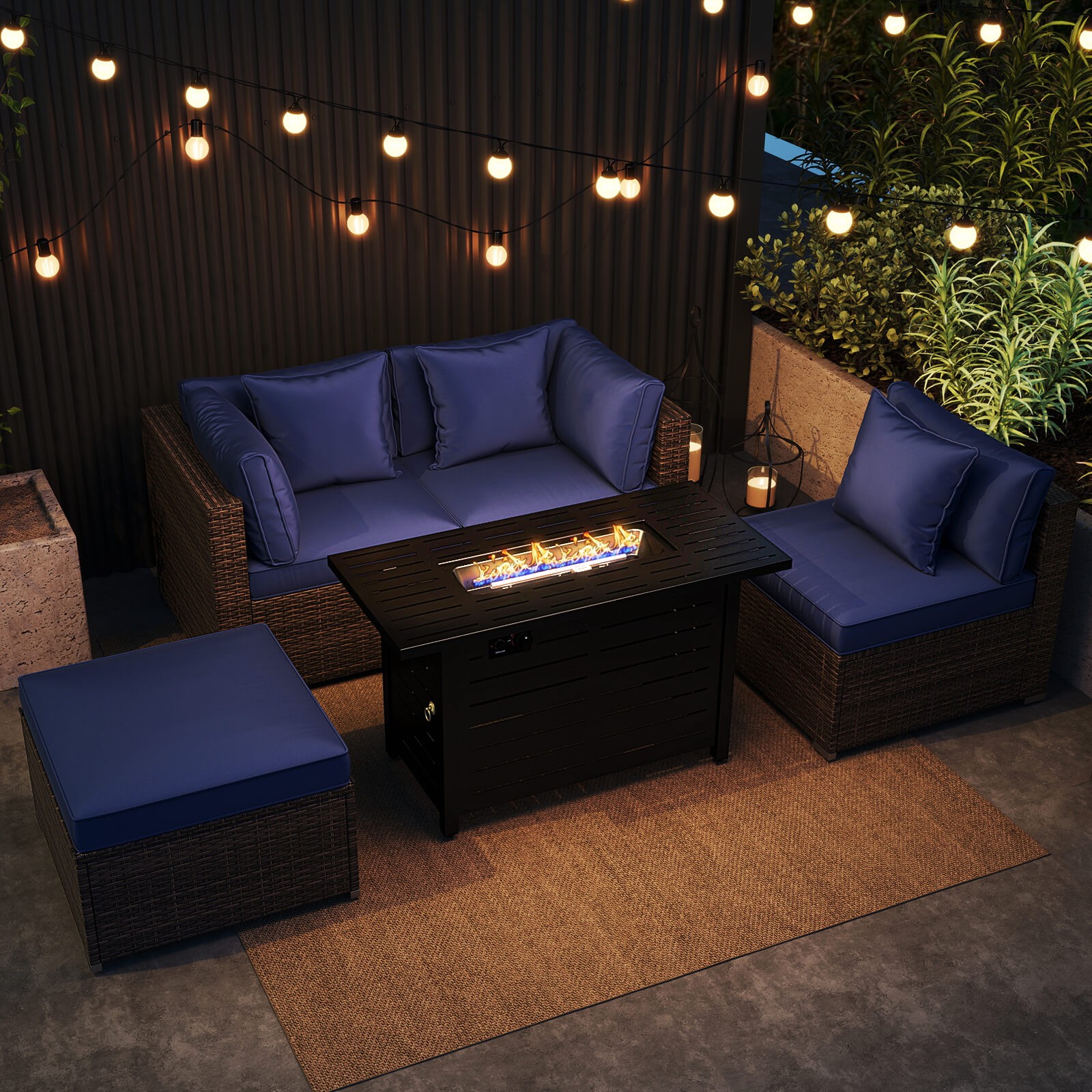 5 PCS Patio Furniture Set Heavy-duty Frame Rattan Sofa Set w/ 60,000 BTU