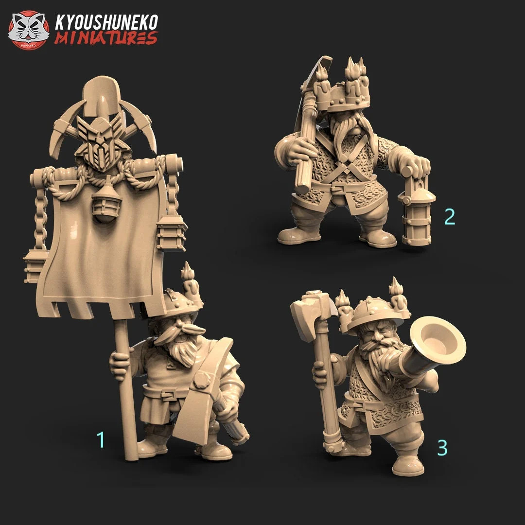 Dwarf Miner Command Group (Set of 3) - 28-32mm - Resin Tabletop Miniatures