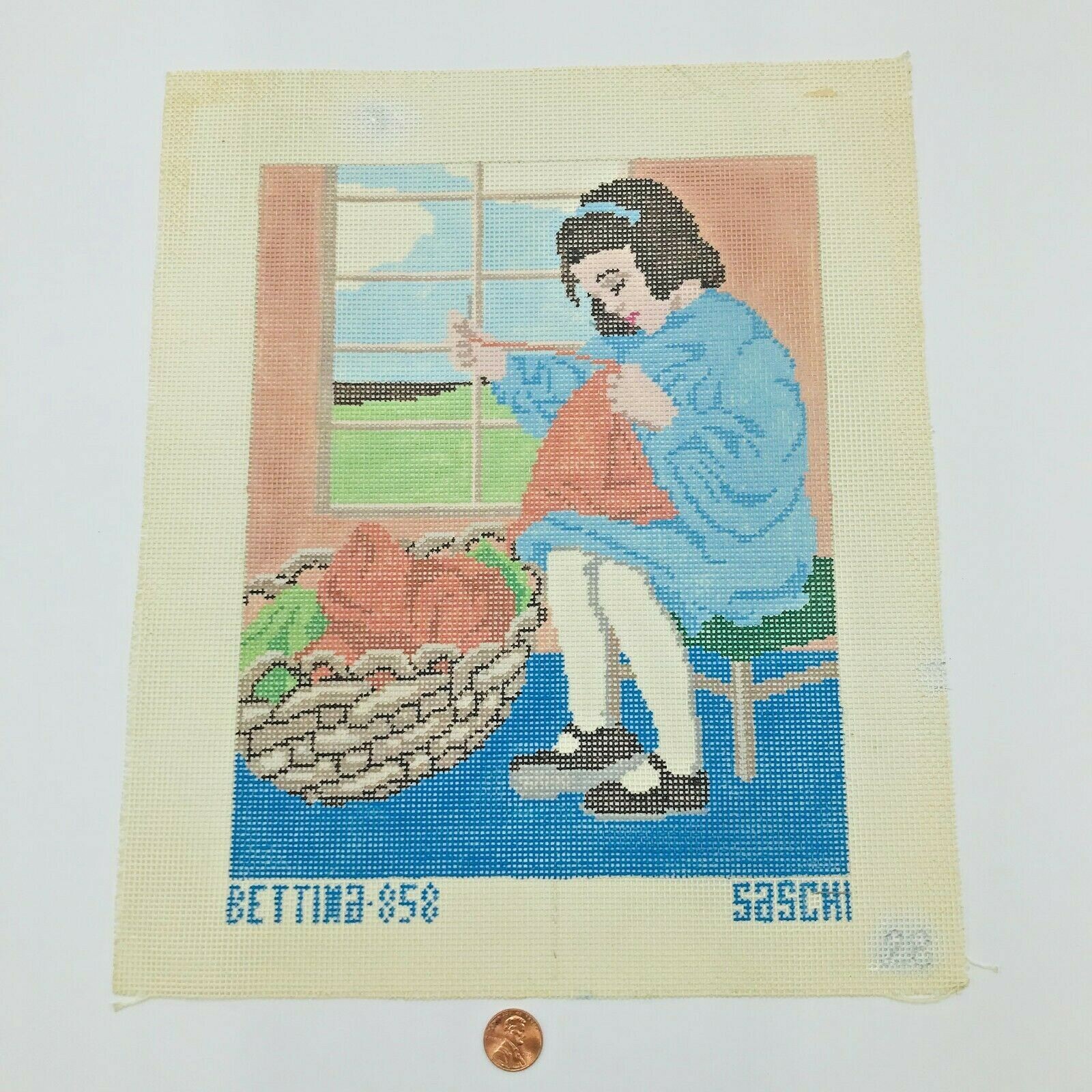 Needlepoint Pattern Hand Painted Bettina Saschi Girl Sewing Signed Primitive