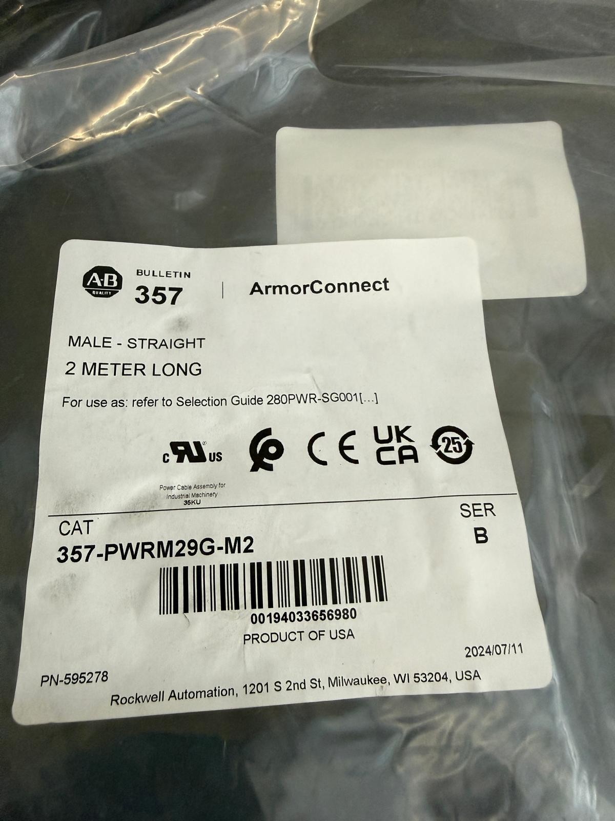 Allen-Bradley 357-PWRM29G-M2 ArmorConnect Shielded Power Cable 2 M New