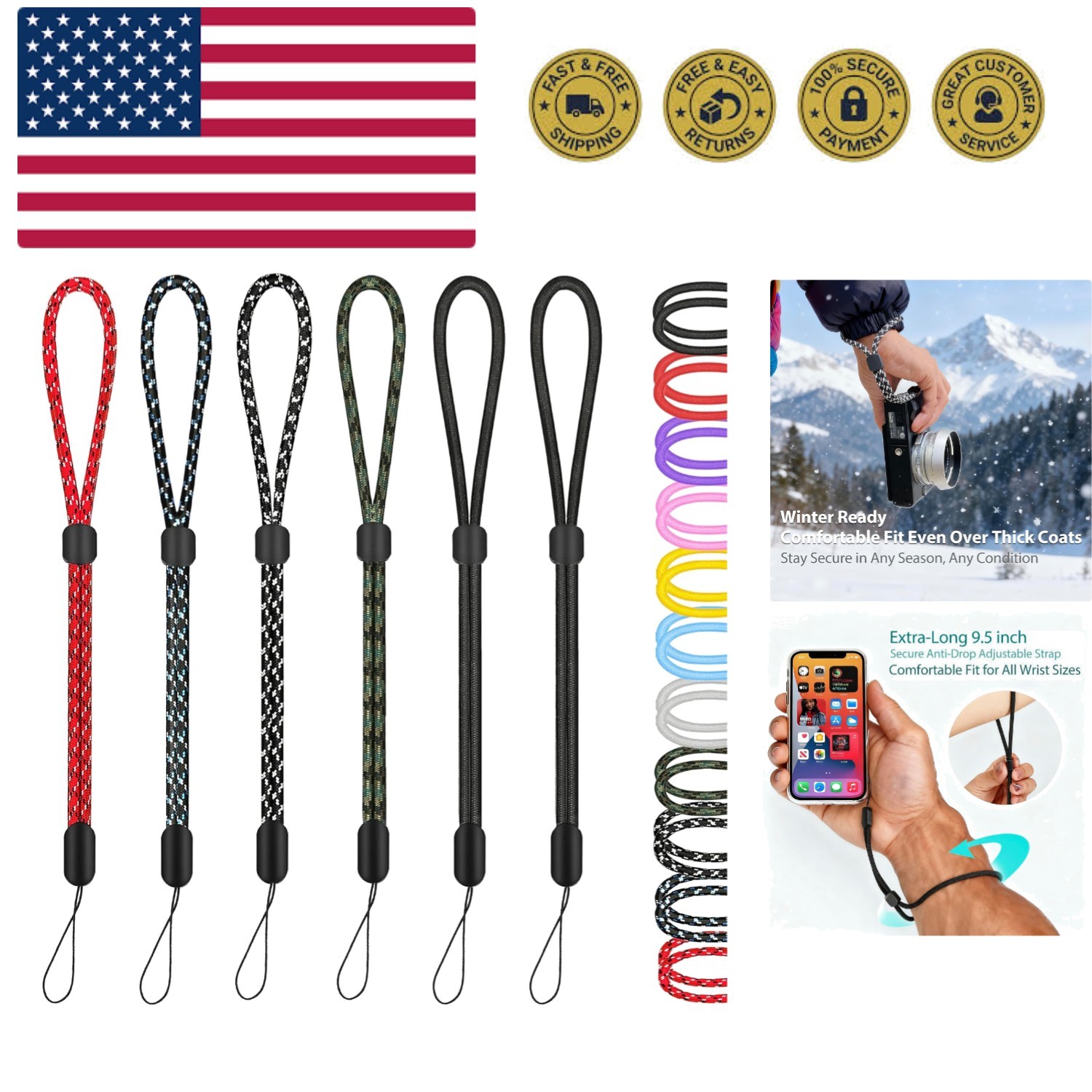 Hand Wrist Strap Lanyard, 6 Pack 8inch Adjustable Nylon Wristlet Straps Keych...