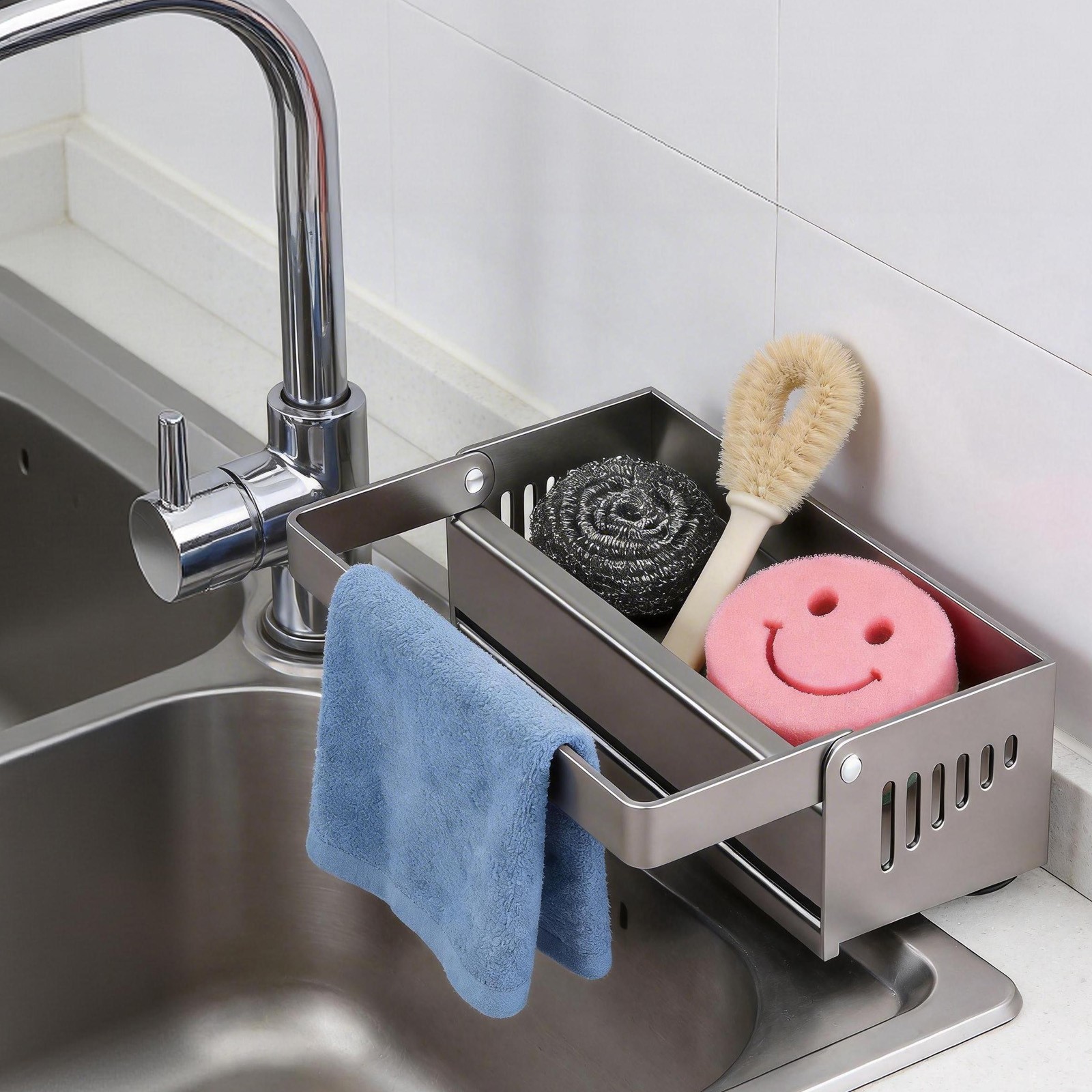 Kitchen Sink Sponge Holder, Kitchen Sink Storage Organizer with Suction Cups