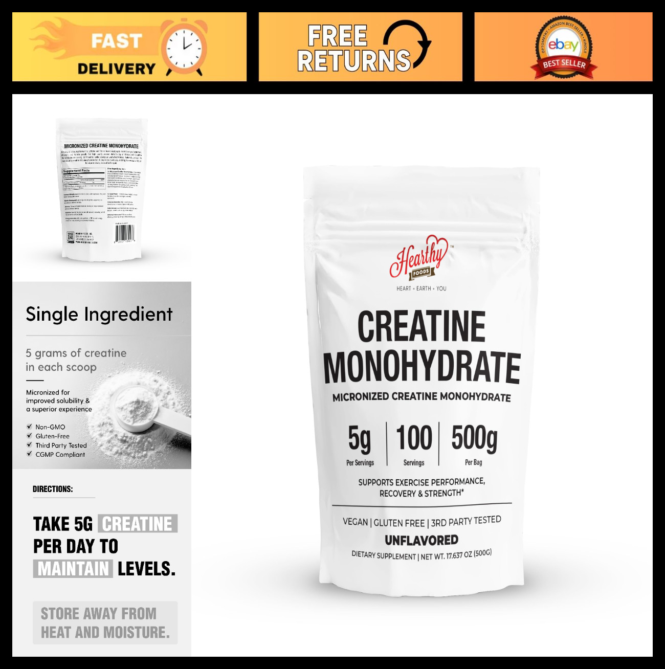Micronized Creatine Monohydrate Powder 500g - 100 Servings, 5000mg - Muscle Grow