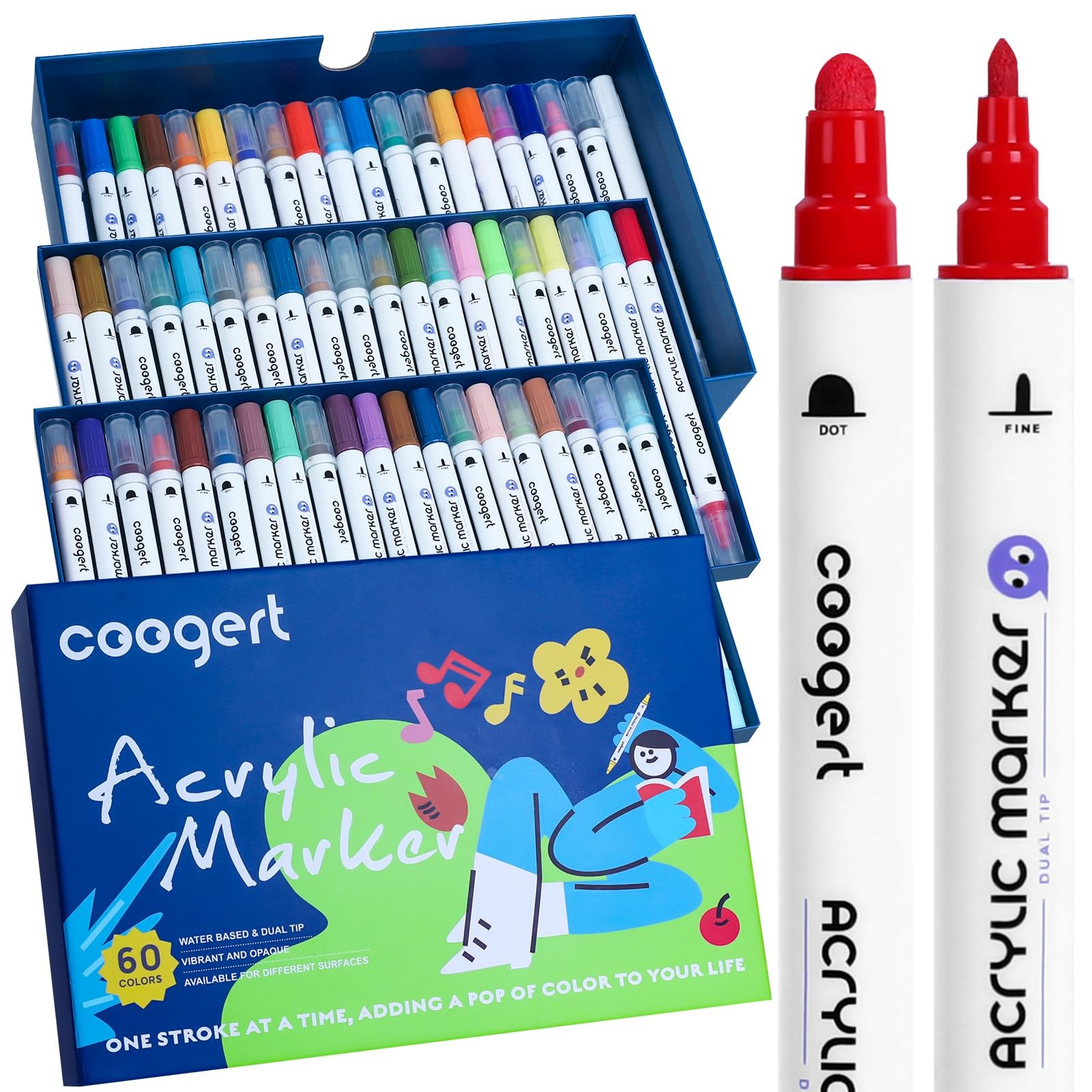 60 Colors Dual Tip Acrylic Paint Markers,Fine Tip and Dot Tip Acrylic Paint P...