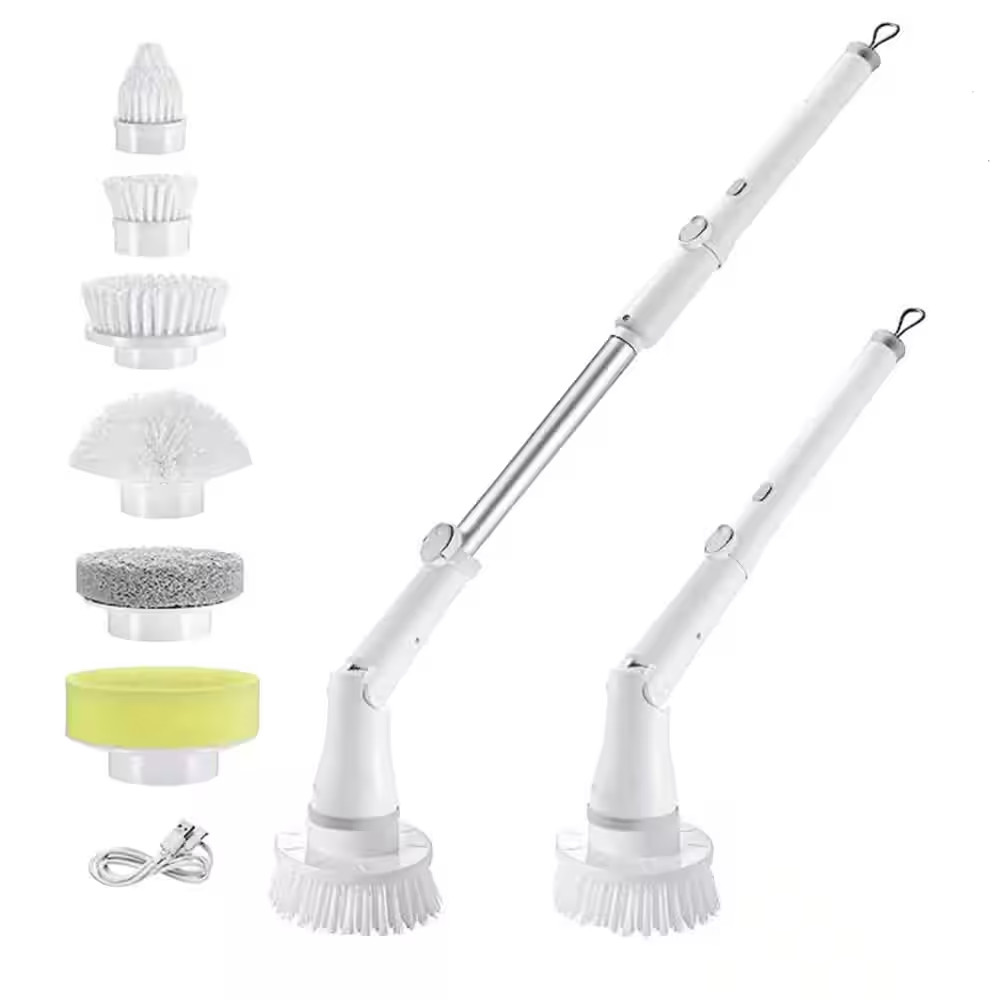 Electric Spin Scrubber Cleaning Brush Long Handle with 6 Replaceable Brush Heads