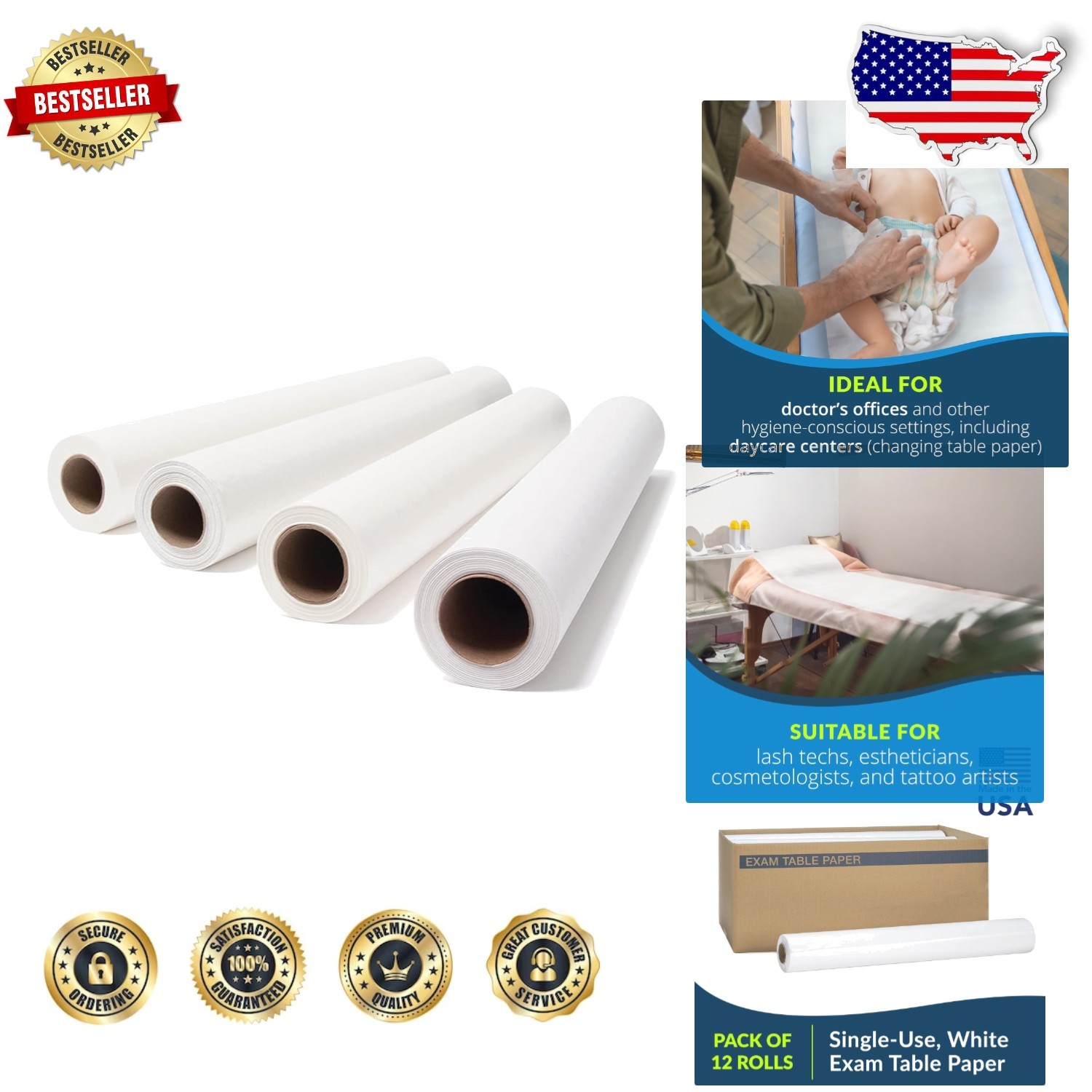 Avalon Medical Exam Paper 12 Rolls 18"x225' Smooth White Hygienic Barrier USA