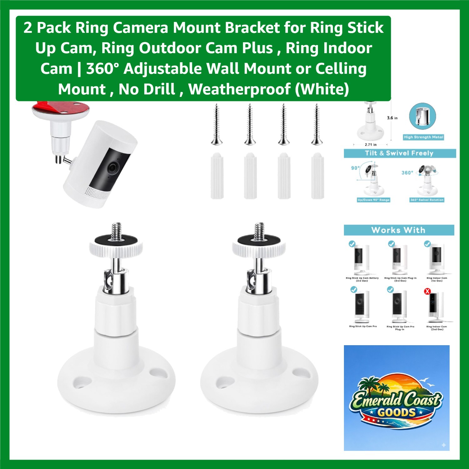 Adjustable Weatherproof Camera Mount for Ring - 2 Pack with No Drilling Required