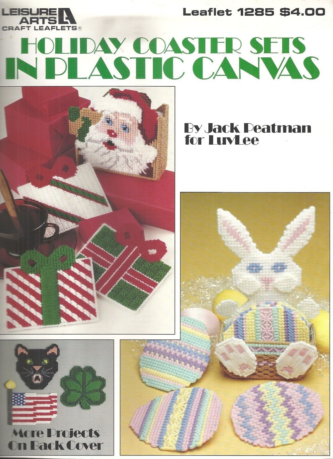LEISURE ARTS HOLIDAY COASTER SETS IN PLASTIC CANVAS PATTERN LEAFLET #1285 ©1990