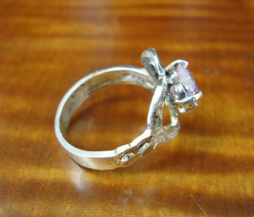 Pink Stone Heart with Texture Sterling Silver 925 RING Size 7