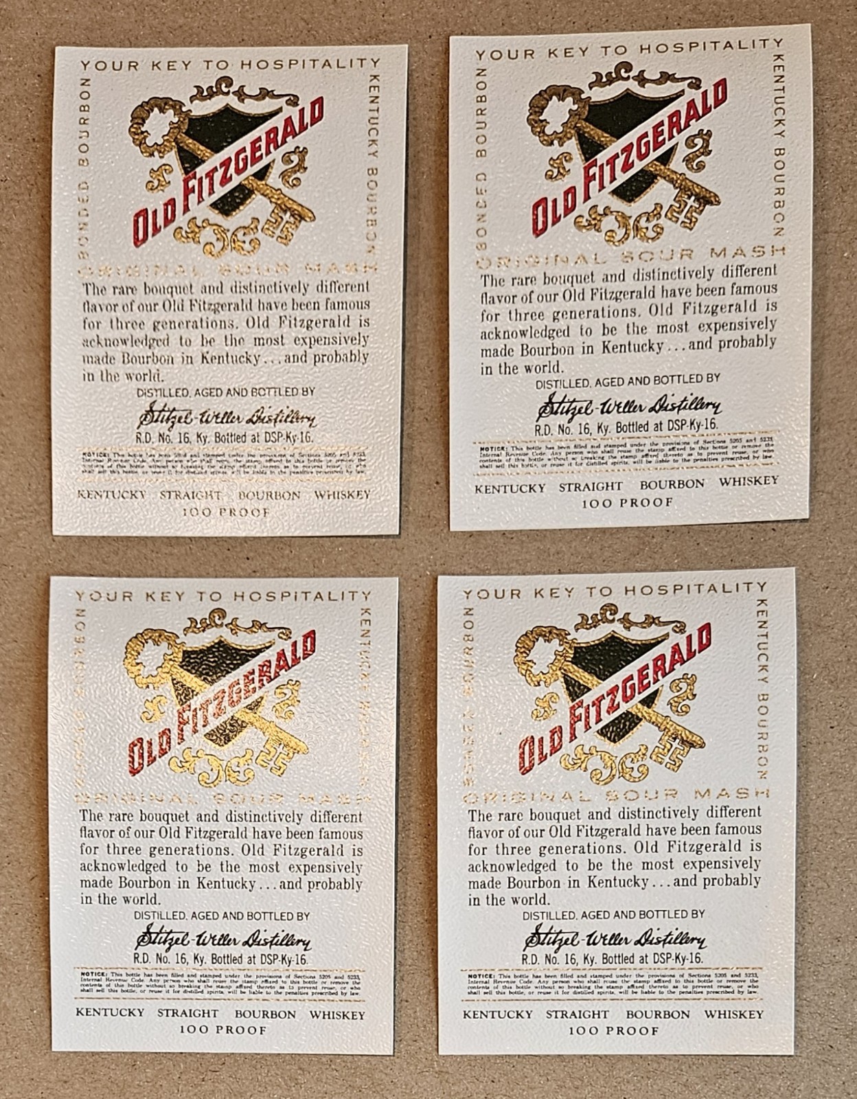 Lot of 4 Original OLD FITZGERALD Kentucky Straight Bourbon Whiskey Bottle Labels
