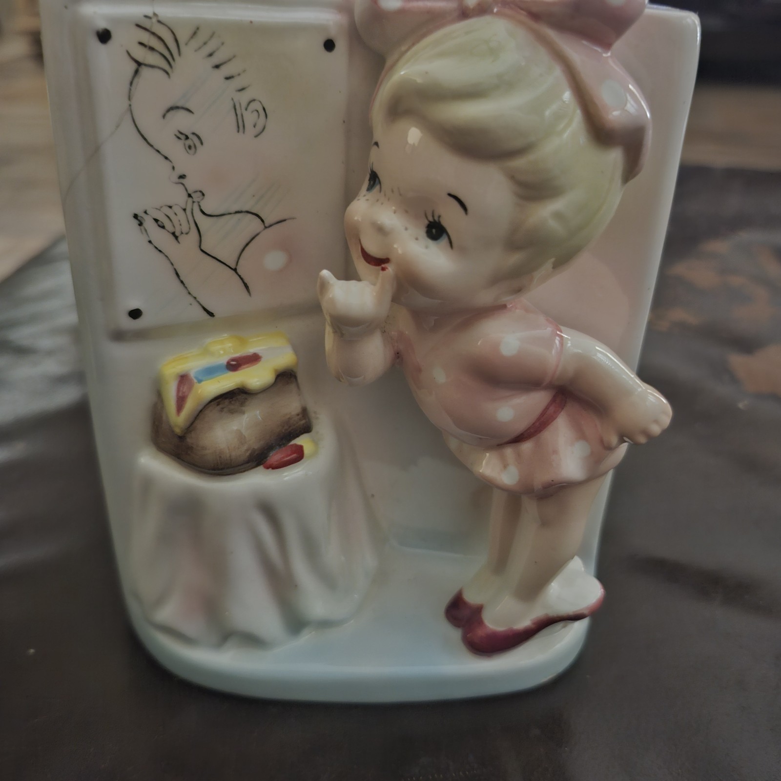 Vintage 1950 Or 1960's Ceramic Planter Featuring A Girl Putting On Lipstick.