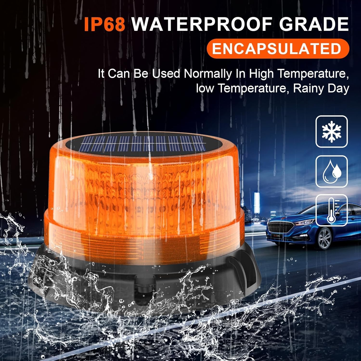AnTom Solar LED Wireless Strobe Lights, Waterproof Rechargeable Amber Beacon Lig