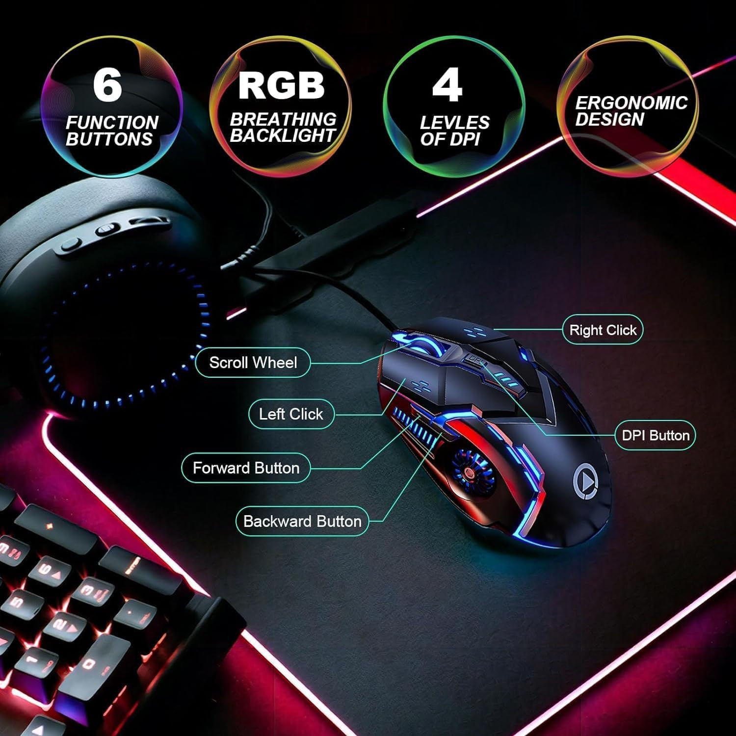 CHONCHOW Silent Click Mouse, Gaming Mouse Wired, 6 Button,4 DPI Upto 3200 DPI, R