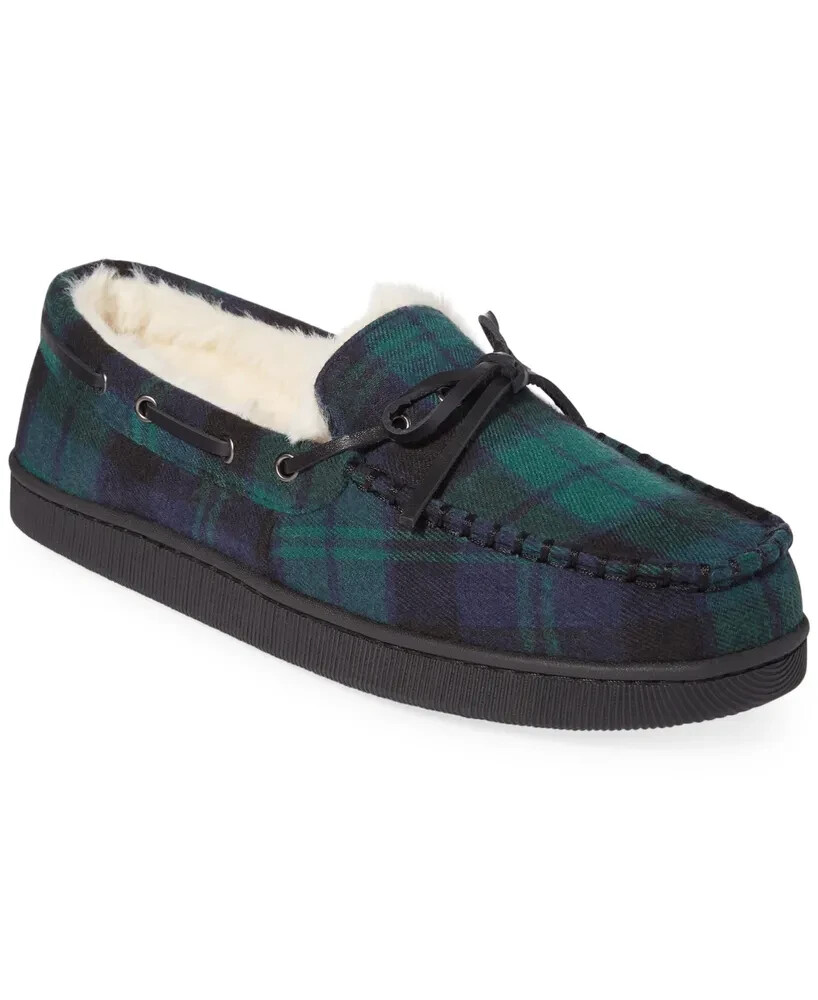 Club Room Mens Faux Fur Lined Faux Suede Moccasin Slippers, Green/Blue, S(6-7)
