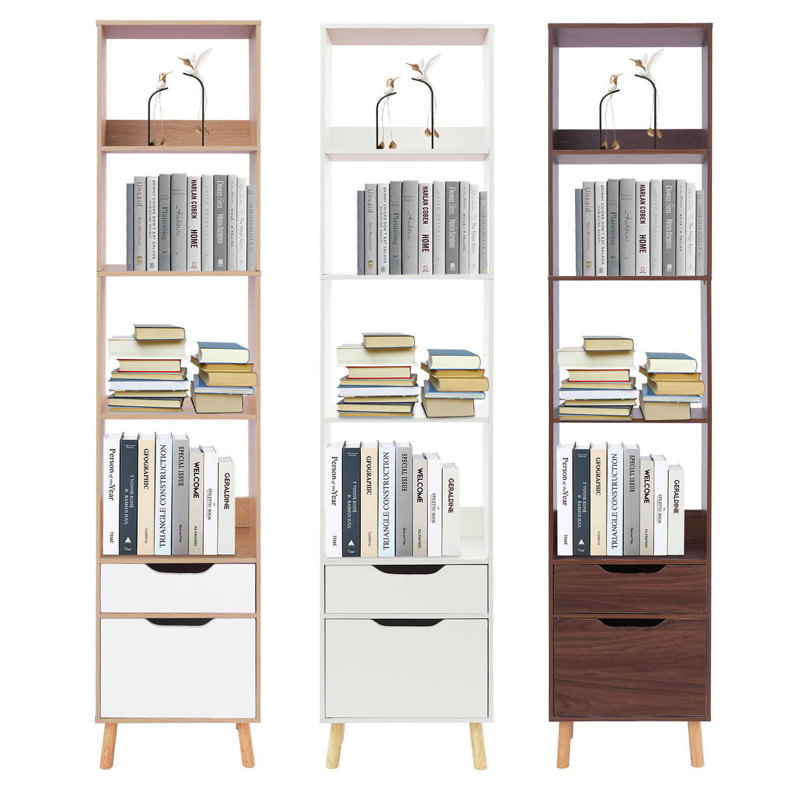 Bookshelf With Drawers Bookcase Storage Organizer Floor Standing Storage Rack US