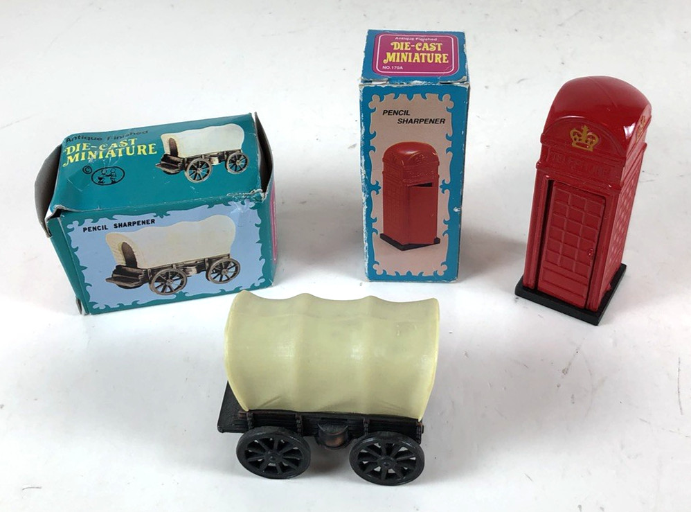 Die-Cast Miniature Covered Wagon and British Telephone Booth Pencil Sharpeners