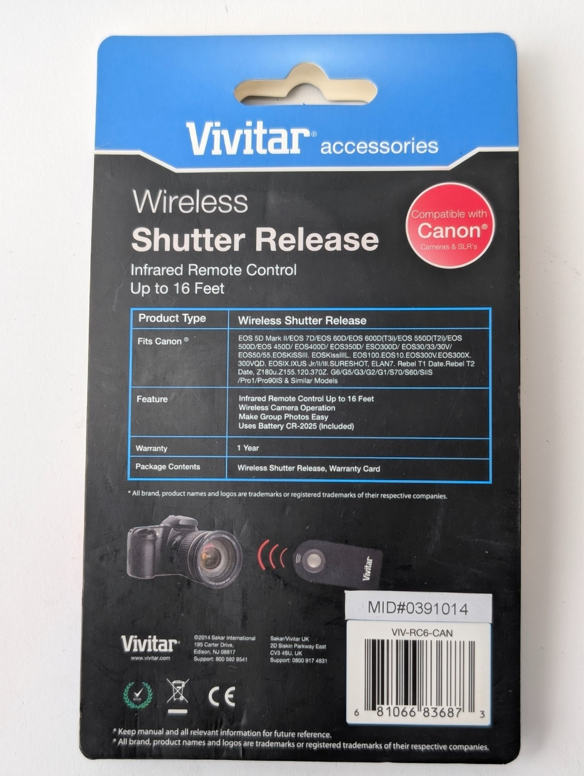 Vivitar RC6-CAN Wireless Shutter Release Remote for Canon DSLR Cameras Open Box