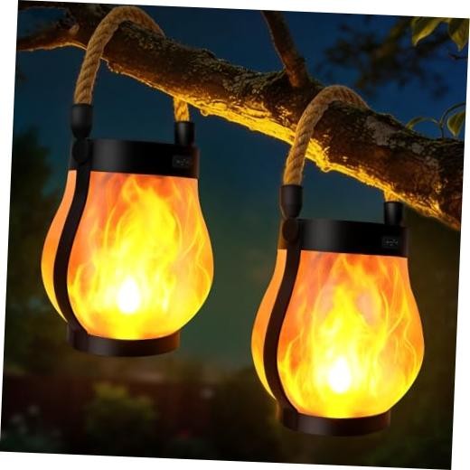 Solar Lanterns Outdoor 2-Pack with Ultra-Real Flame Lights, 2 Pack Warm White