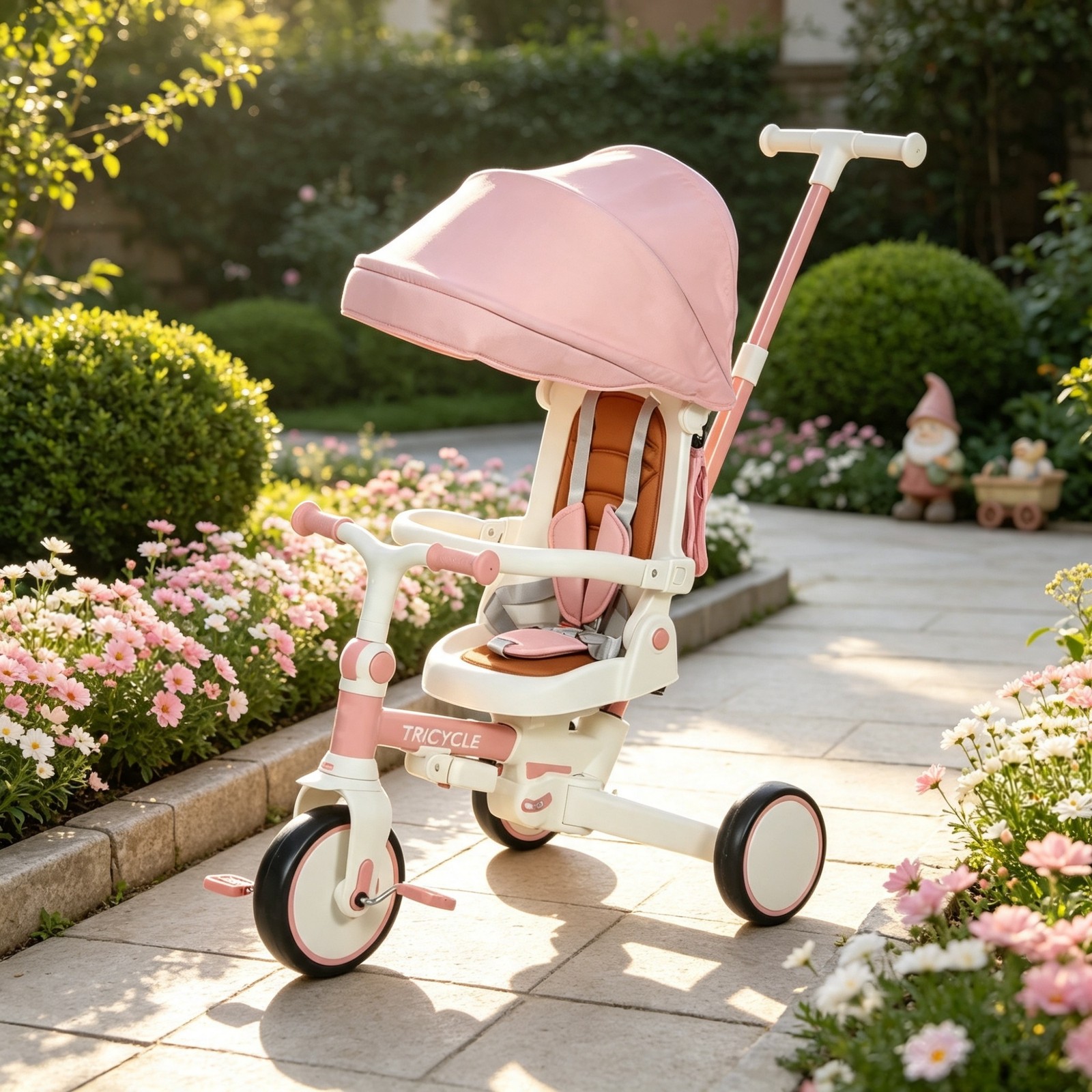 Pink 7-in-1 Toddler Tricycle Stroller for 1-5 Years Old