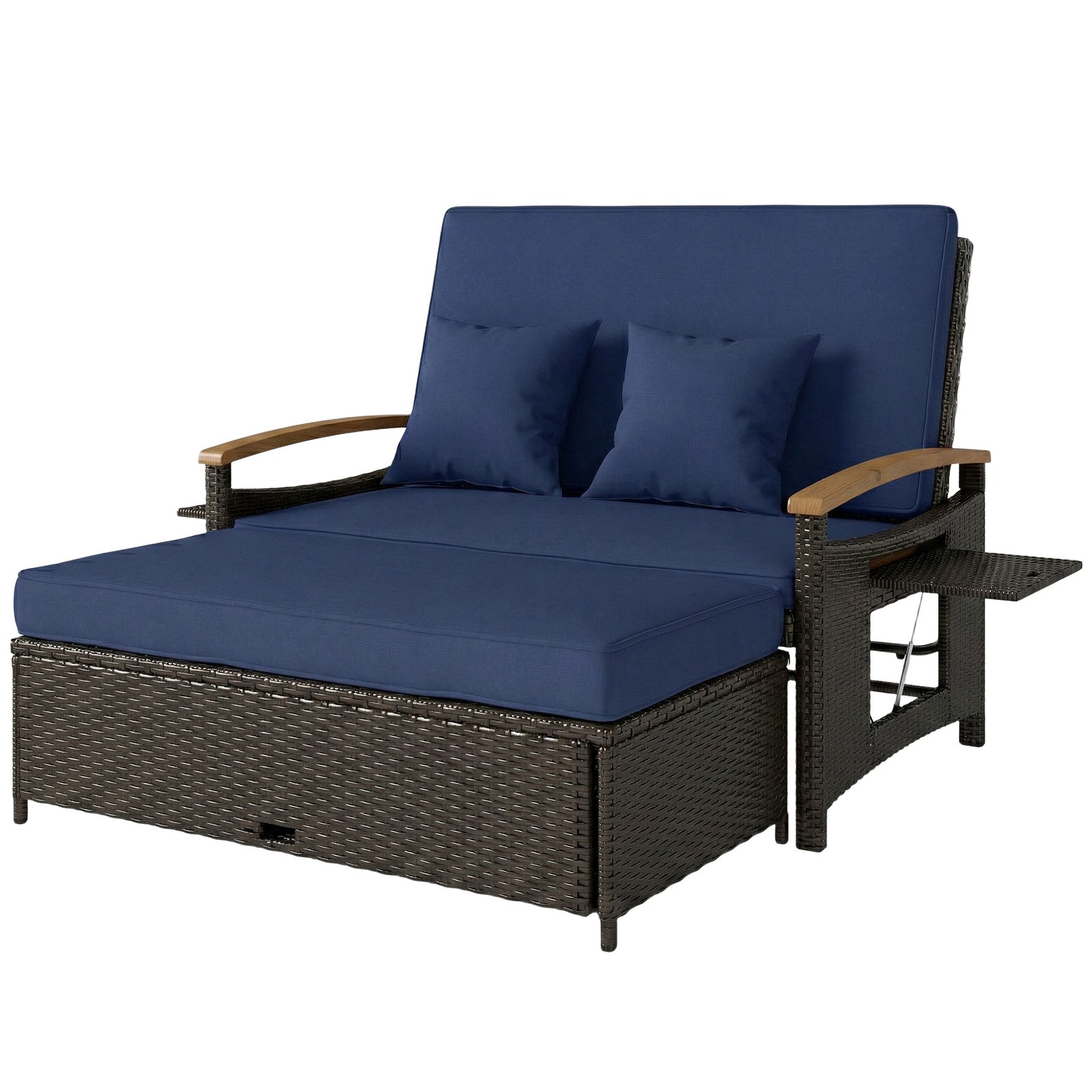 Outsunny Rattan Outdoor Daybed w/4-Level Adjustable Backrest, Navy Blue
