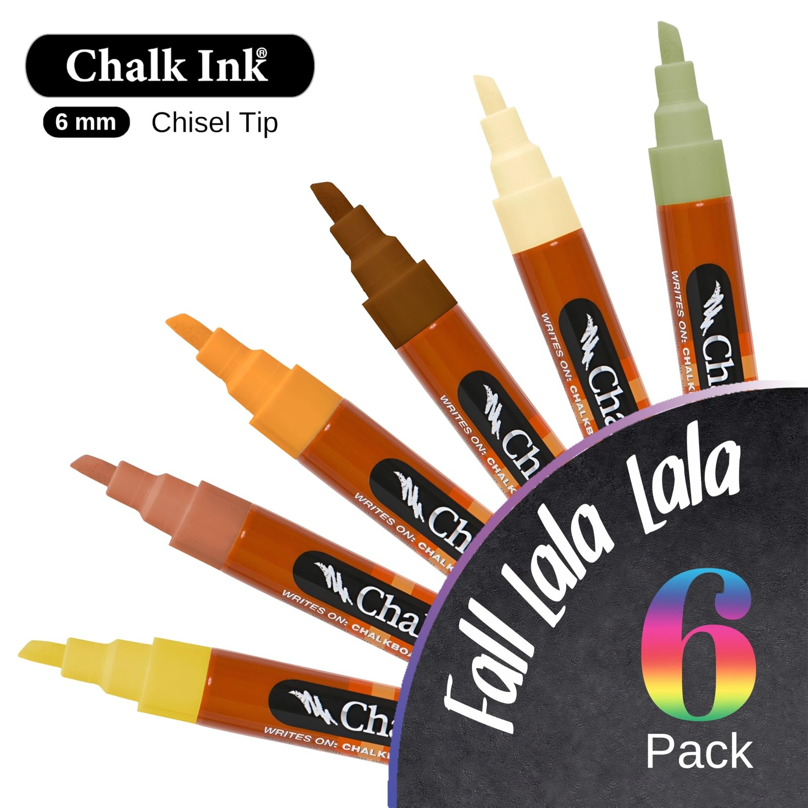 Chisel Tip Wet Wipe Chalk Markers 6mm, Fall-Lala-Lala, 6 Pack