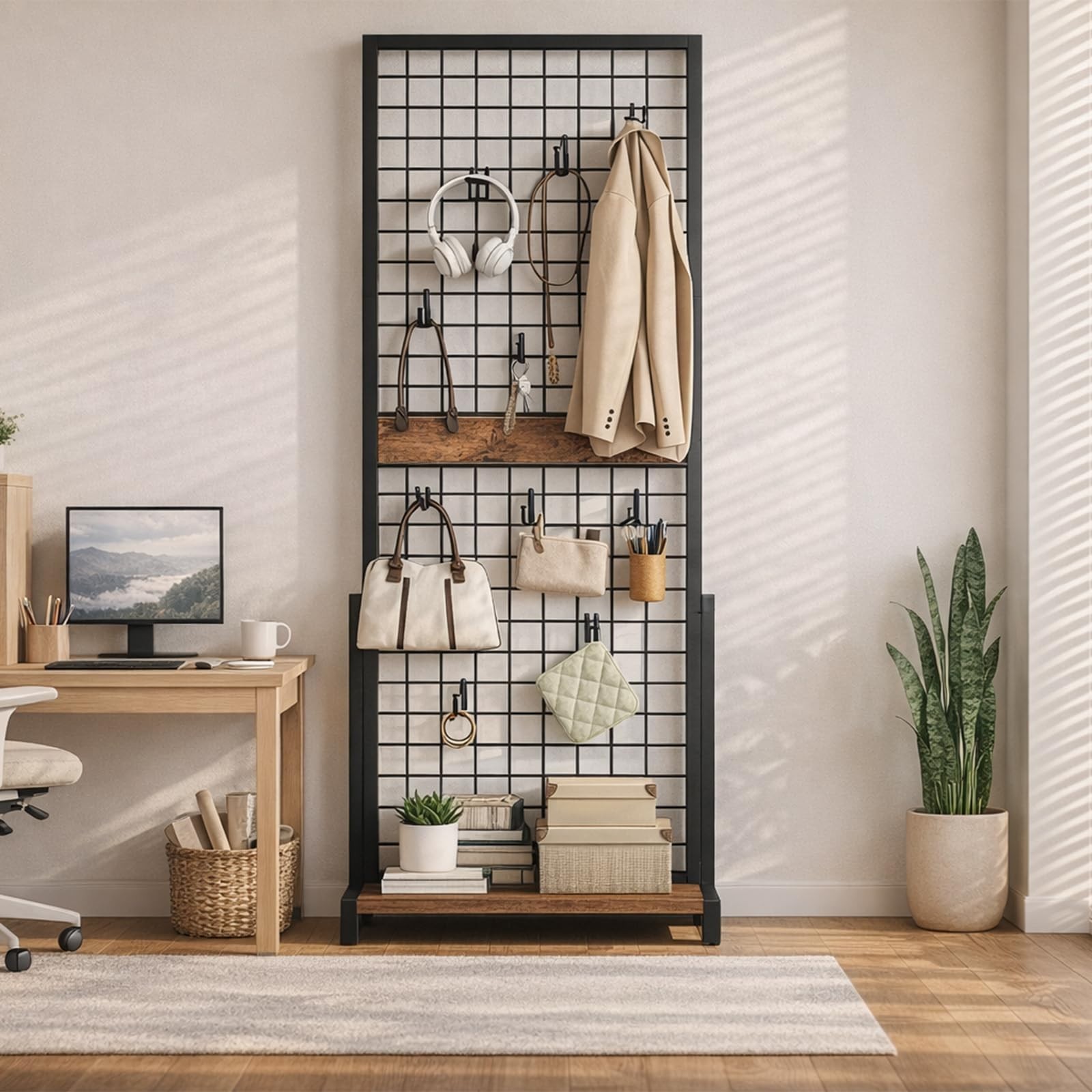 Movable Grid Display Rack 5.6' x 2.1' Ft, Wire Panel Stand with Hooks for Storag